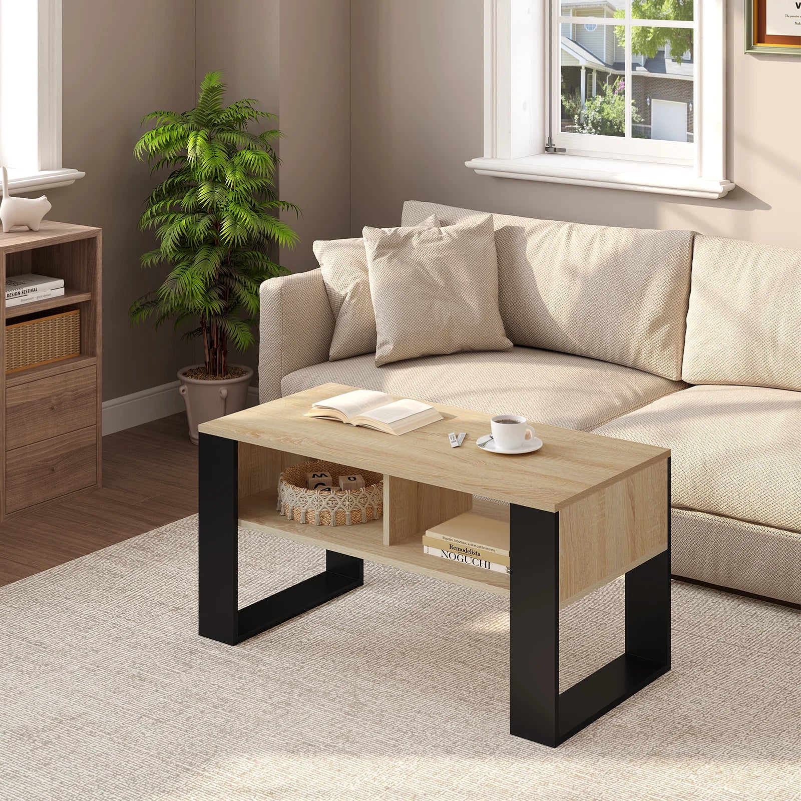 Table Basse Rectangulaire avec Rangement, Style Industriel Vintage, Bois et Métal - RUSTICA