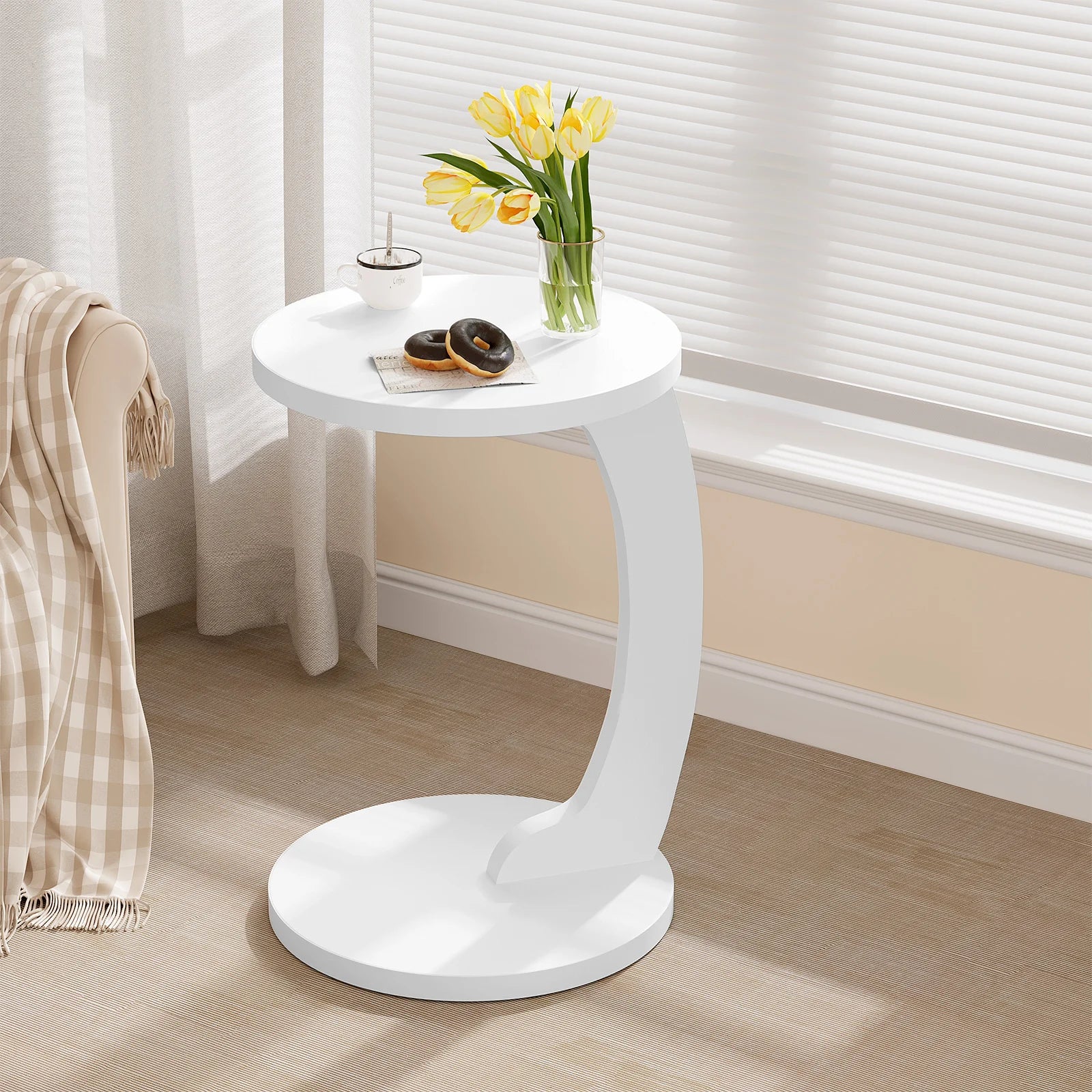 Table d’Appoint en Forme de C, Bout de Canapé Moderne, Bois et Métal, Gain de Place - ARCOVA
