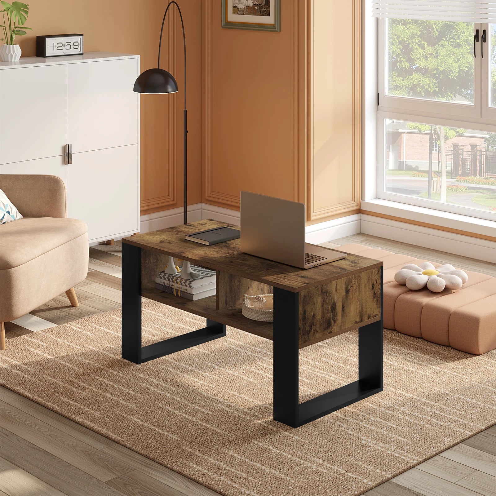 Table Basse Rectangulaire avec Rangement, Style Industriel Vintage, Bois et Métal - RUSTICA