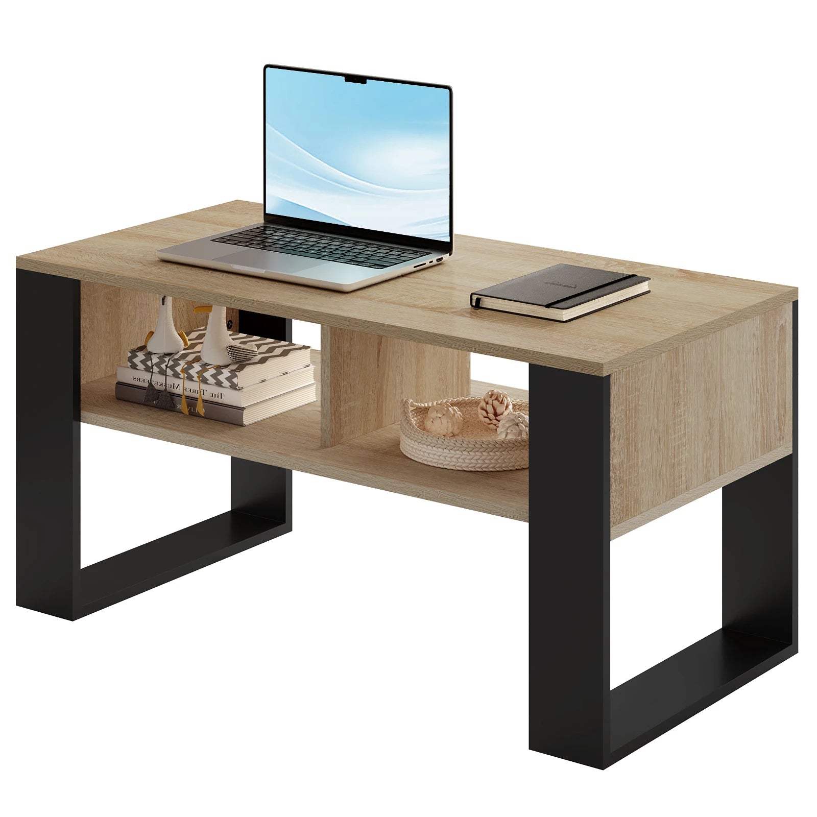 Table Basse Rectangulaire avec Rangement, Style Industriel Vintage, Bois et Métal - RUSTICA