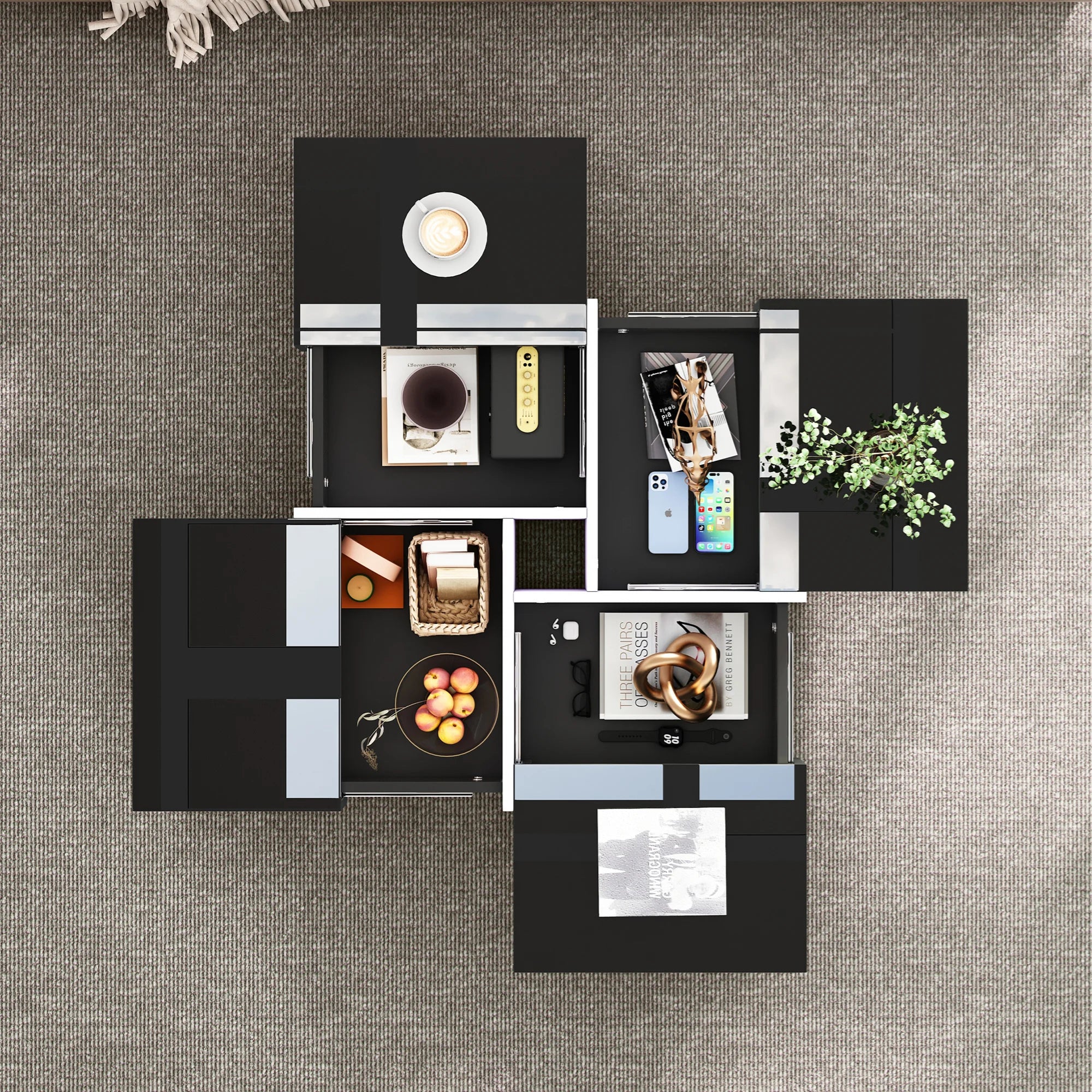 Table Basse Carrée Noir & Blanc Brillant, 4 Tiroirs de Rangement, Design Contemporain Élégant - NEXUS