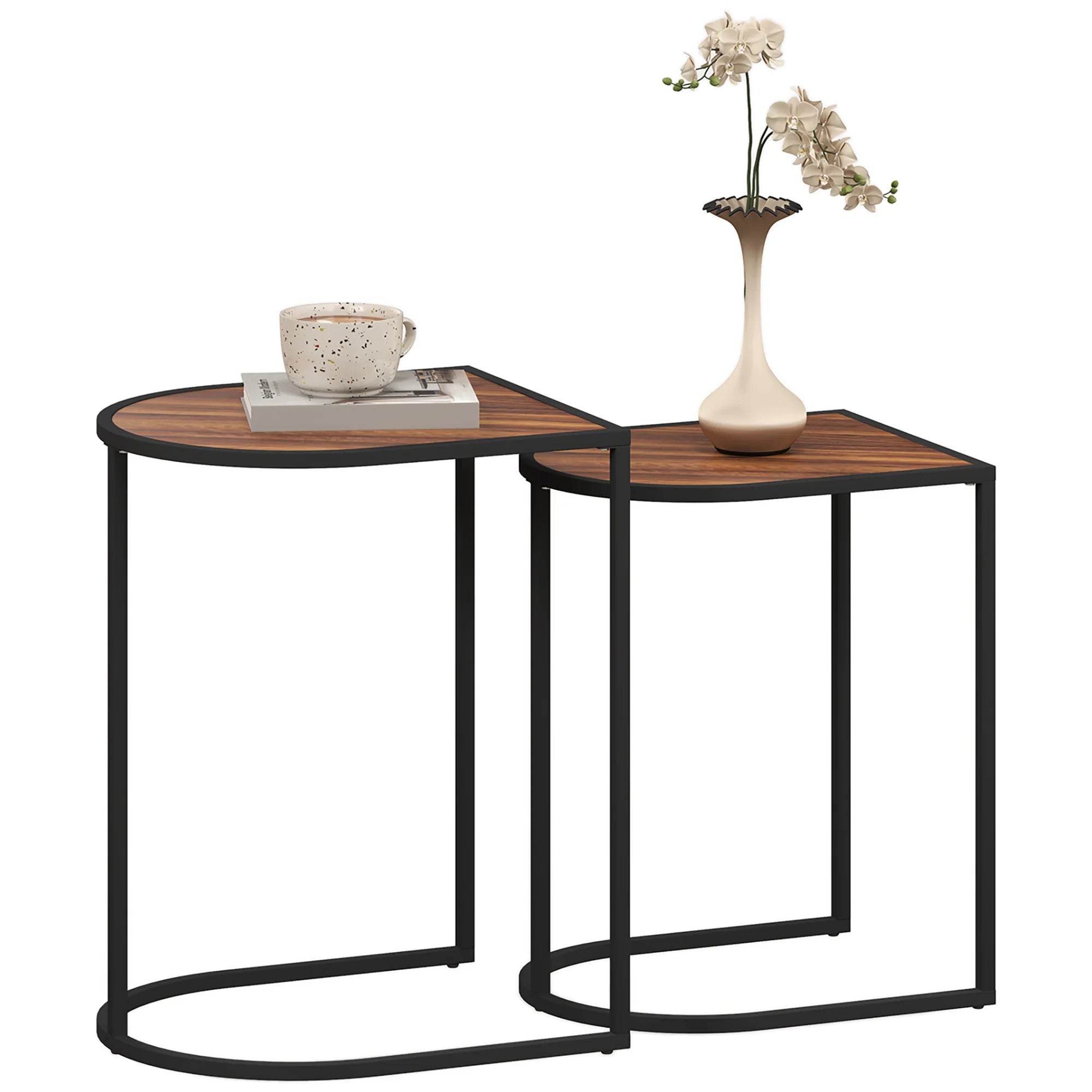 Duo Tables Gigognes Demi-Lune, Style Industriel Bois Rustique et Acier Noir, Set Empilable - LUNARIS