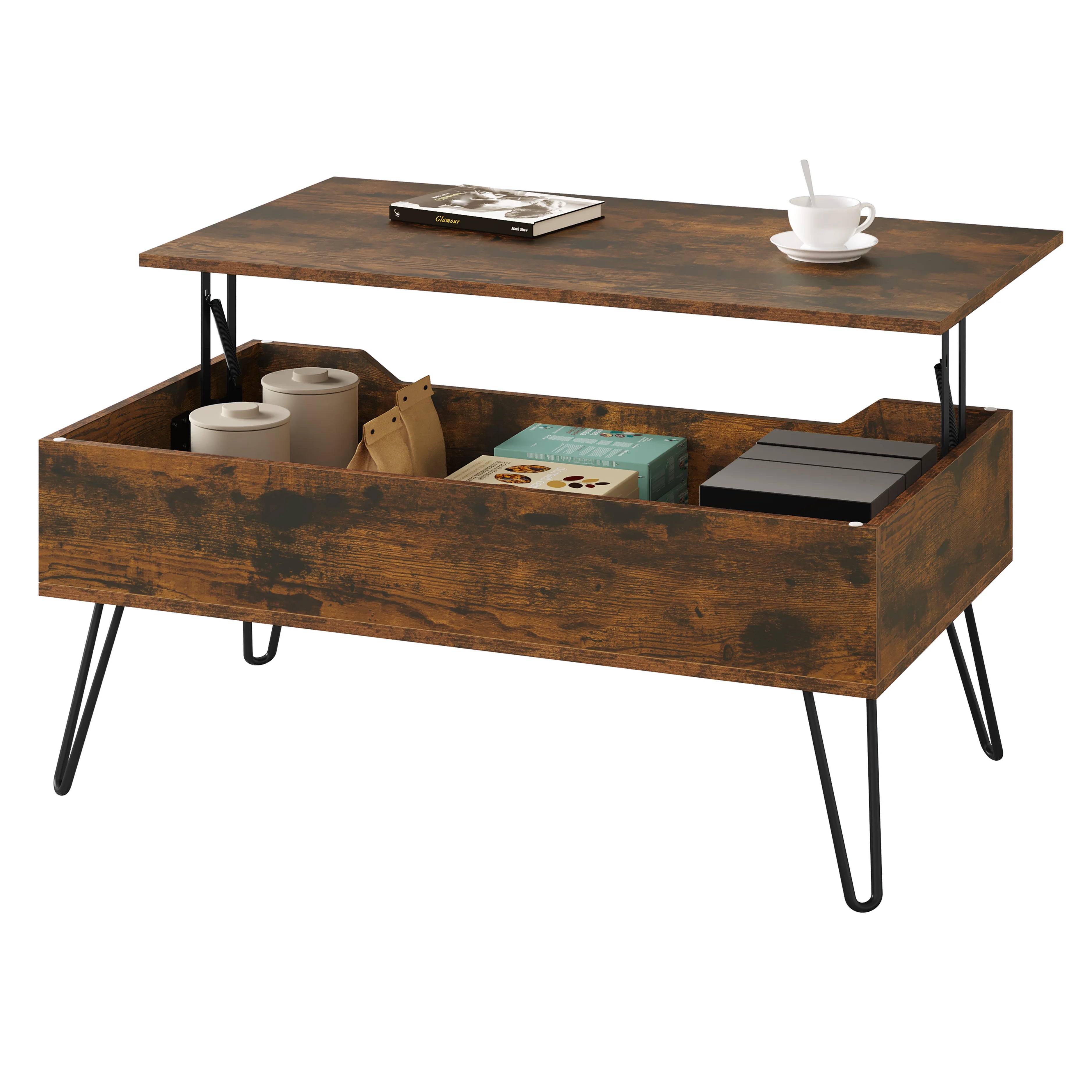 Table Basse Relevable avec Rangement Caché, Bois Vintage & Pieds Métal, Hauteur Ajustable - ARCANA