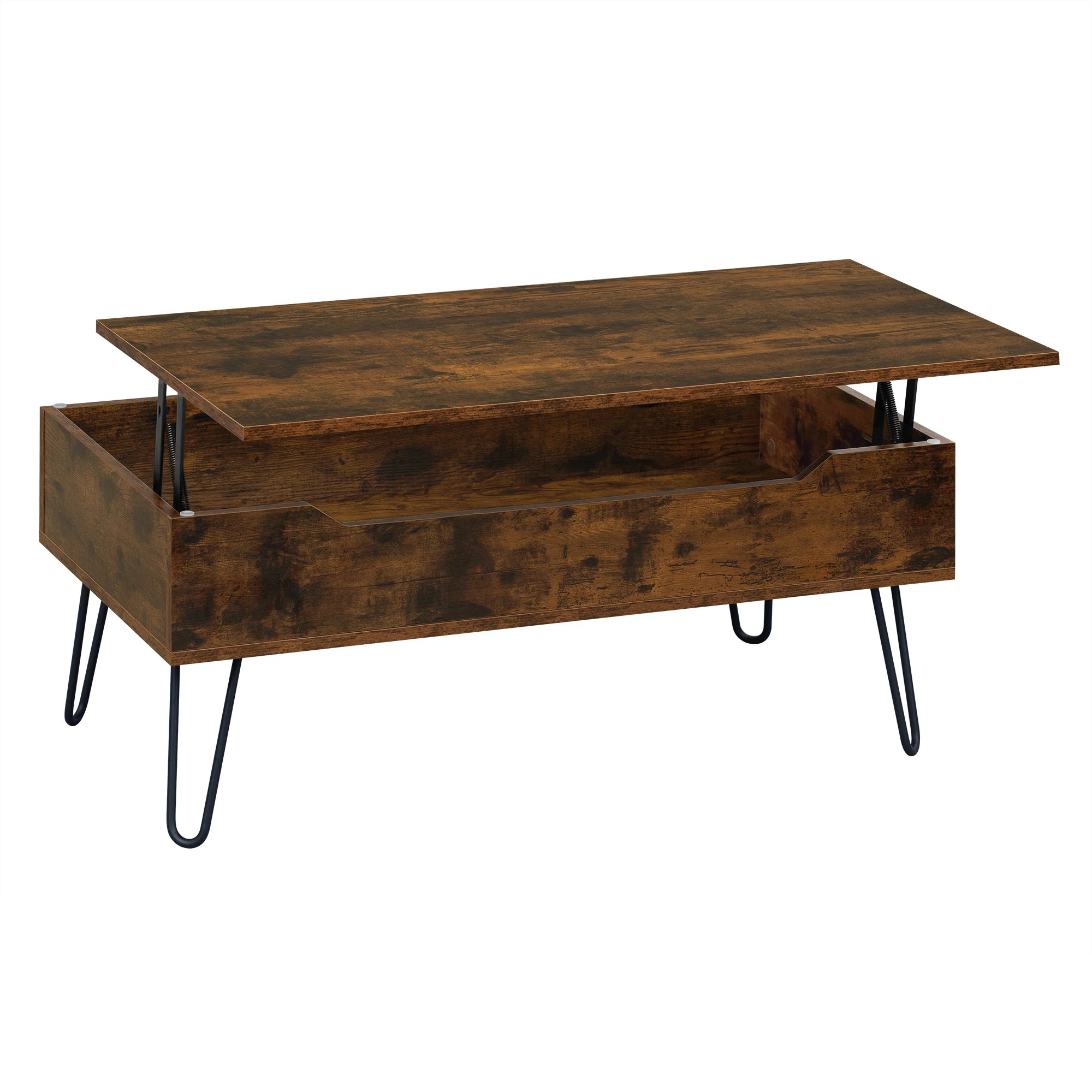 Table Basse Relevable avec Rangement Caché, Bois Vintage & Pieds Métal, Hauteur Ajustable - ARCANA