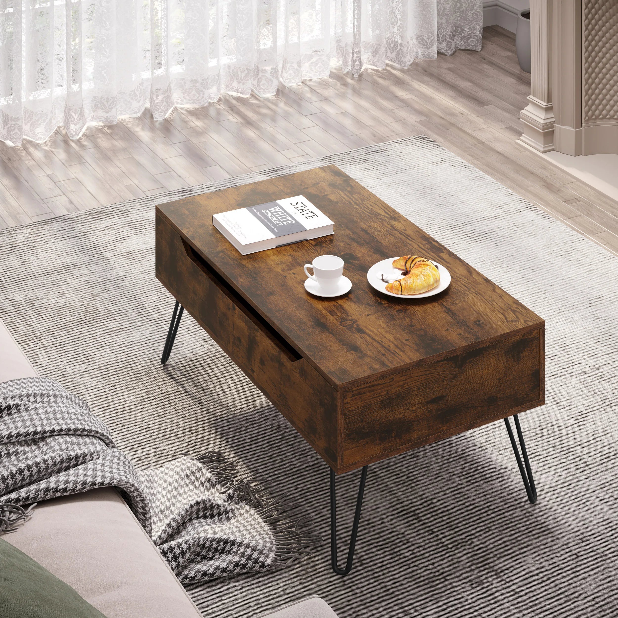 Table Basse Relevable avec Rangement Caché, Bois Vintage & Pieds Métal, Hauteur Ajustable - ARCANA
