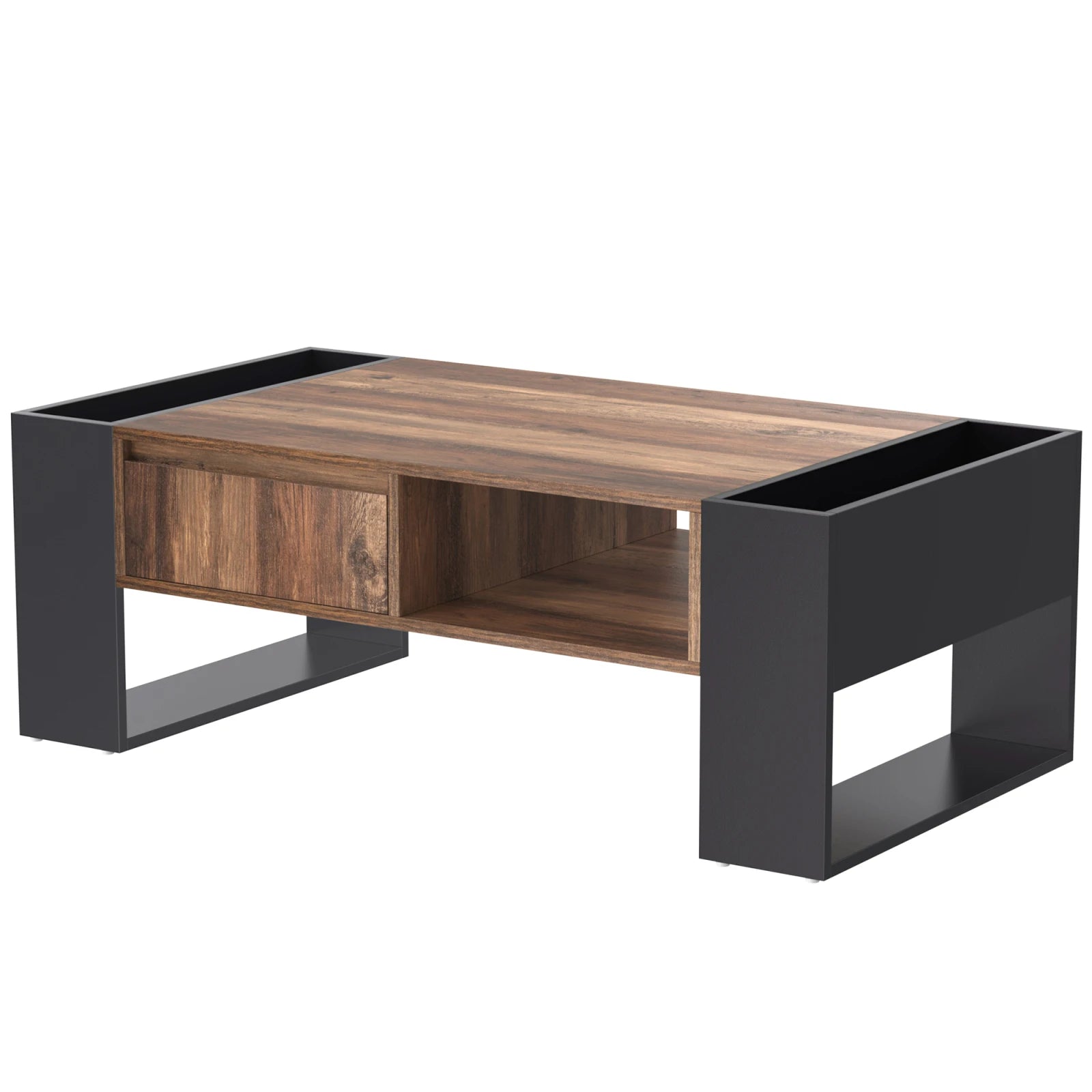 Table Basse Rectangulaire Bois & Noir avec Rangements Multiples, Design Moderne Industriel –  URBANA