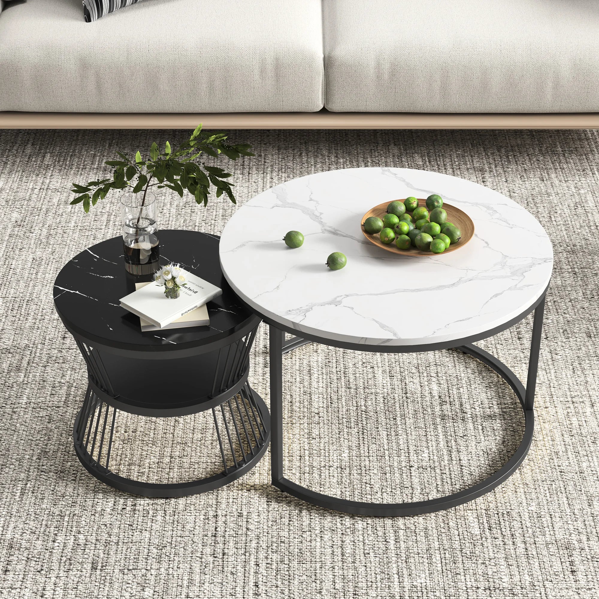 Set de 2 Tables Basses Rondes en Marbre, Design Moderne Noir & Blanc – LUXOR DUO