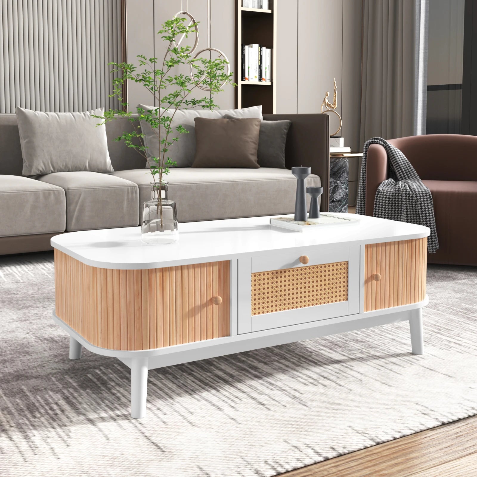 Table Basse Élégante, Bois & Blanc avec Tiroir et Rangements, Design Naturel Moderne – BOREA