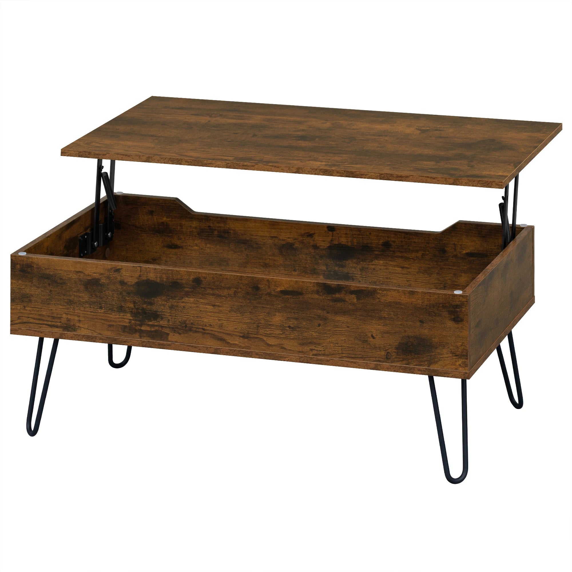 Table Basse Relevable avec Rangement Caché, Bois Vintage & Pieds Métal, Hauteur Ajustable - ARCANA