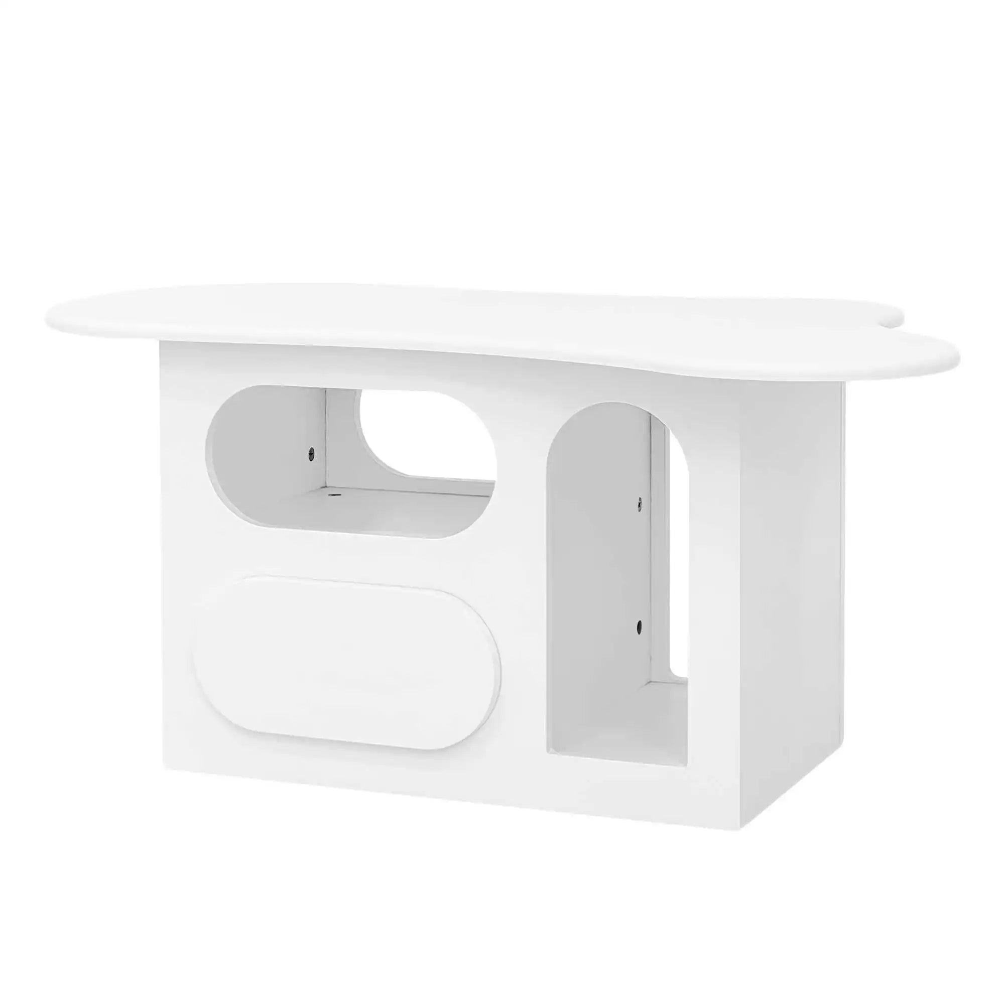 Table Basse Design Blanche avec Étagères Arrondies et Plateau Sculpté – LUNOVA
