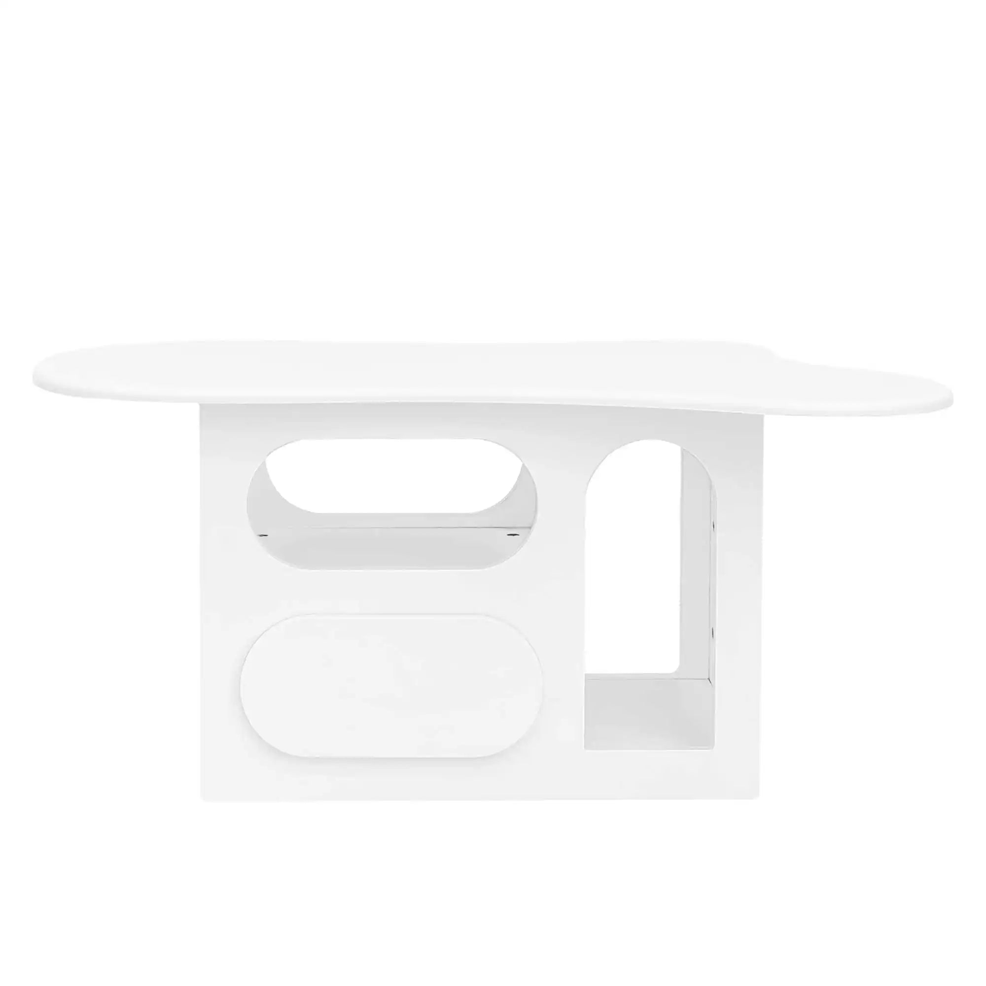 Table Basse Design Blanche avec Étagères Arrondies et Plateau Sculpté – LUNOVA