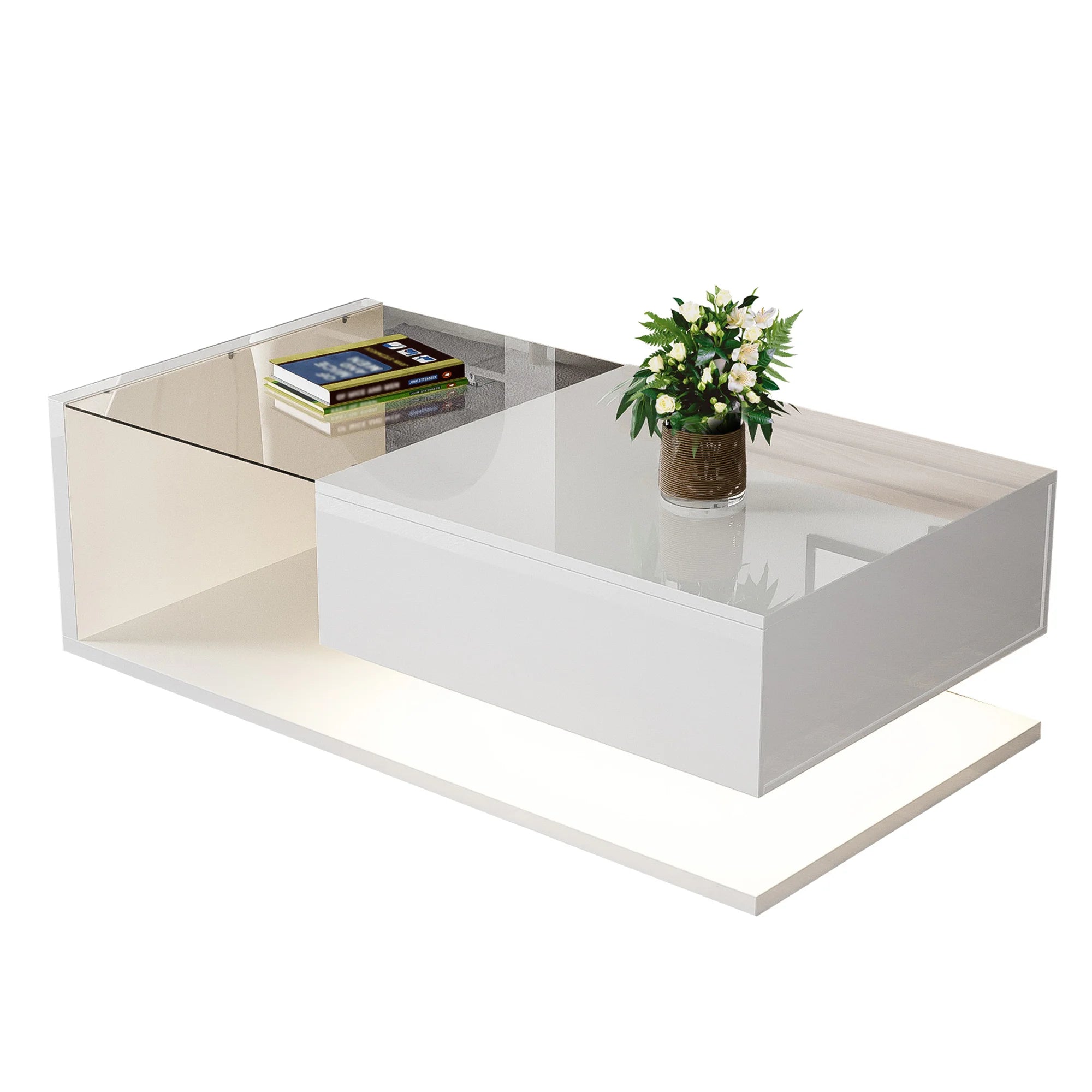Table Basse Moderne, Design Blanc Brillant avec Rangement et Éclairage LED Multicolore - LUMINA