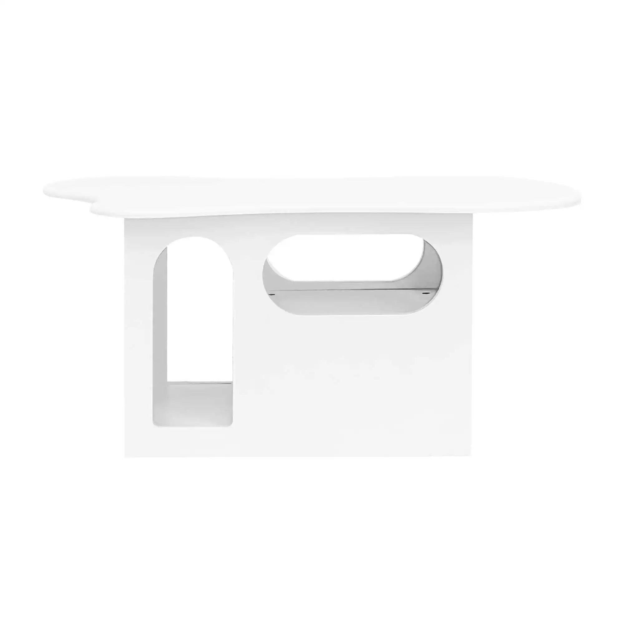 Table Basse Design Blanche avec Étagères Arrondies et Plateau Sculpté – LUNOVA