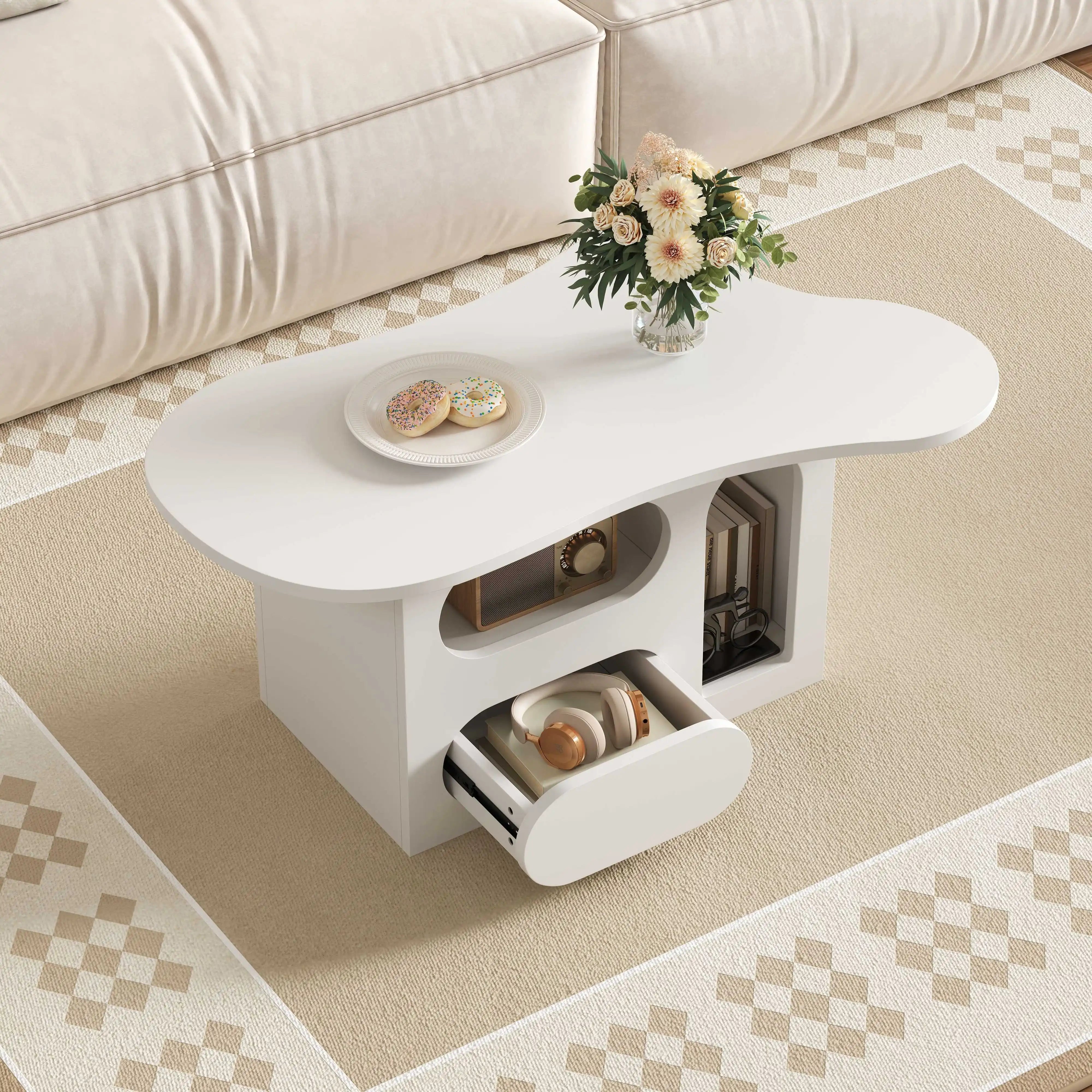 Table Basse Design Blanche avec Étagères Arrondies et Plateau Sculpté – LUNOVA