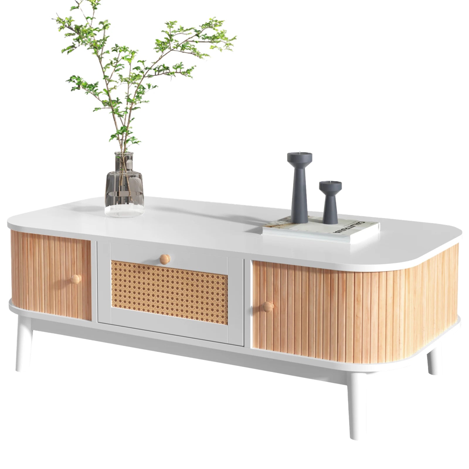 Table Basse Élégante, Bois & Blanc avec Tiroir et Rangements, Design Naturel Moderne – BOREA