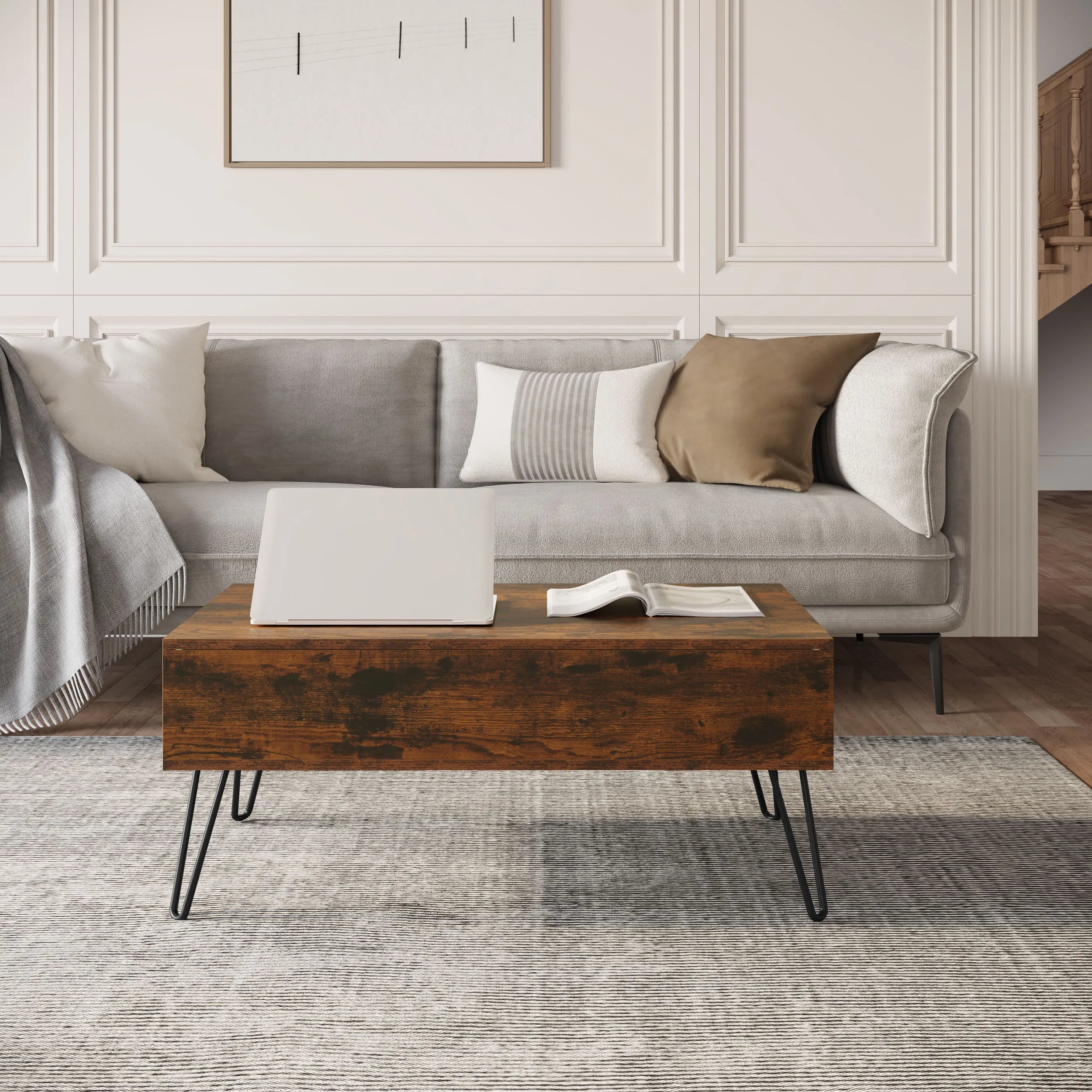 Table Basse Relevable avec Rangement Caché, Bois Vintage & Pieds Métal, Hauteur Ajustable - ARCANA