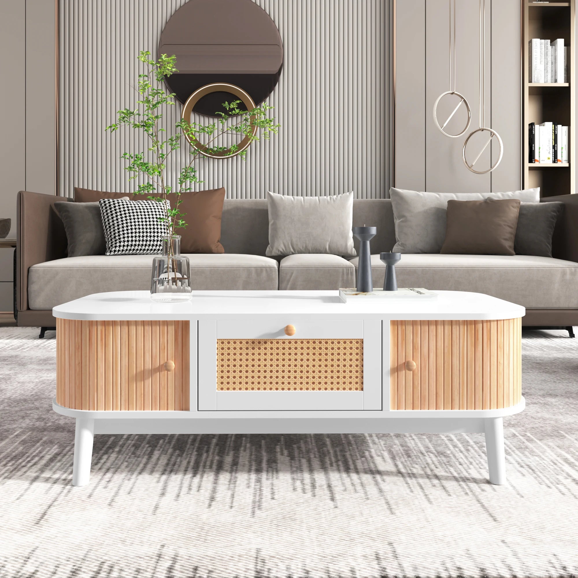 Table Basse Élégante, Bois & Blanc avec Tiroir et Rangements, Design Naturel Moderne – BOREA
