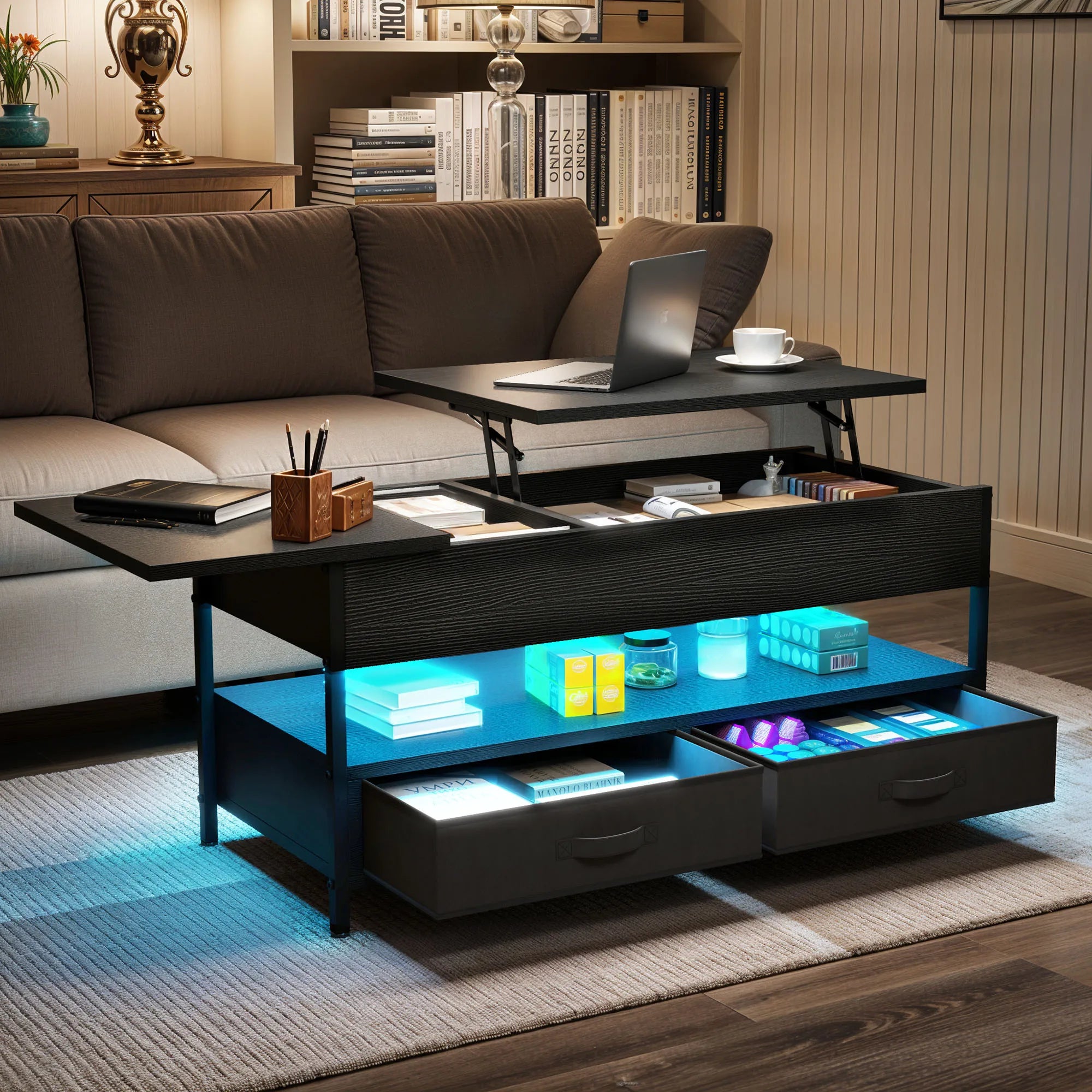 Table Basse Relevable, Rectangulaire 106 cm, Métal Noir, Tiroirs & Éclairage LED Multicolore - OPTIMA