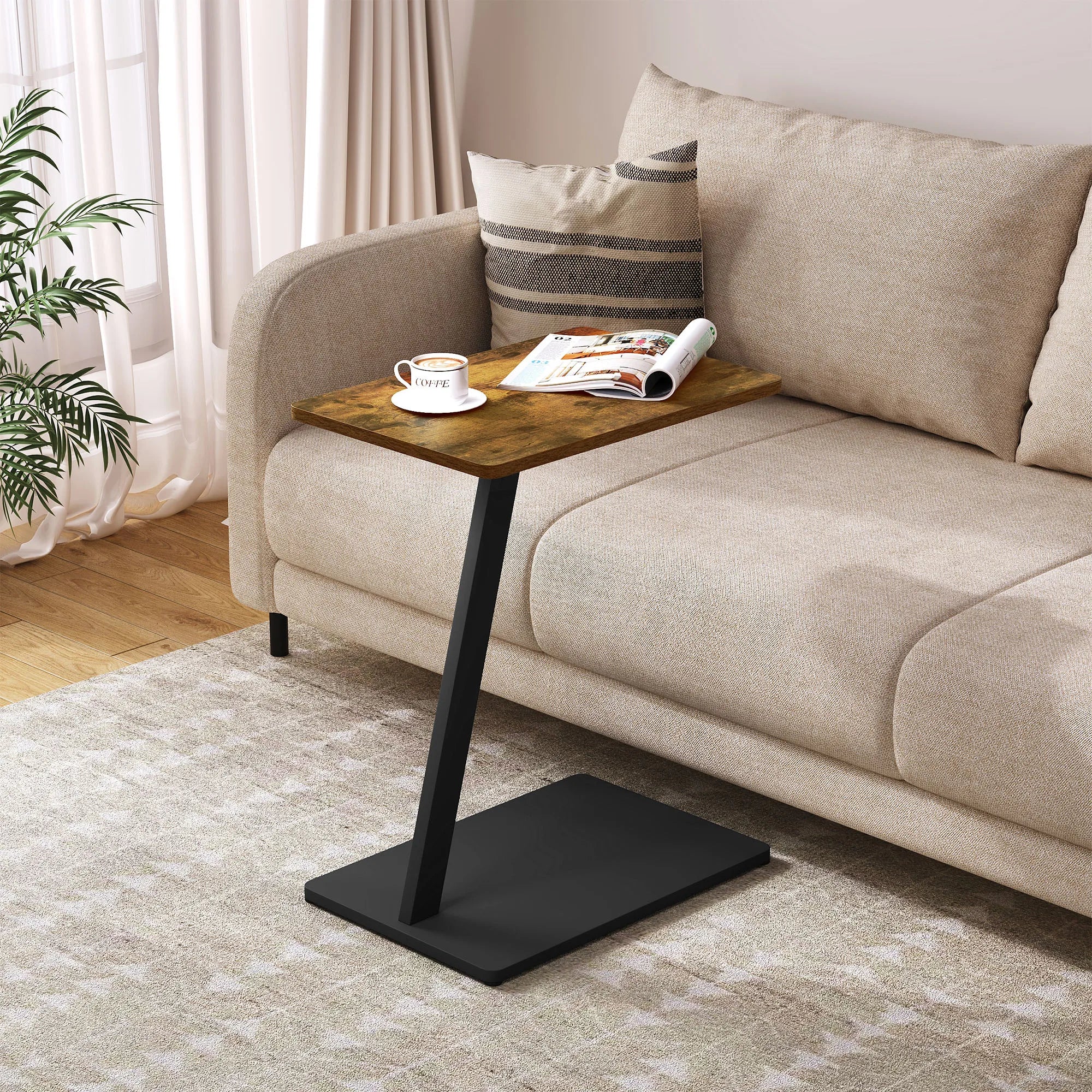 Table d’Appoint en Forme de C, Bois Vintage & Métal Noir, Design Gain de Place - EDGIO