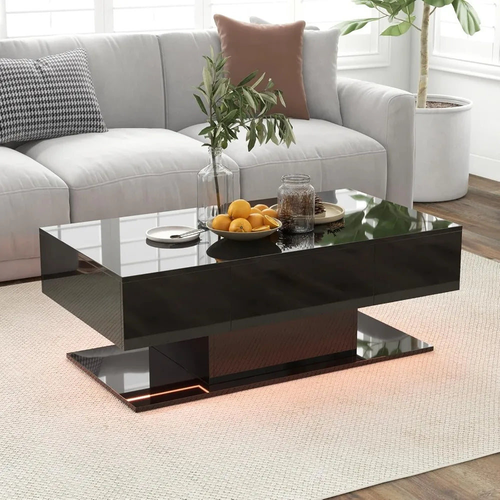 Table Basse Moderne Rectangulaire, Finition Brillante avec LED Multicolores & Tiroirs de Rangement - PRISMA