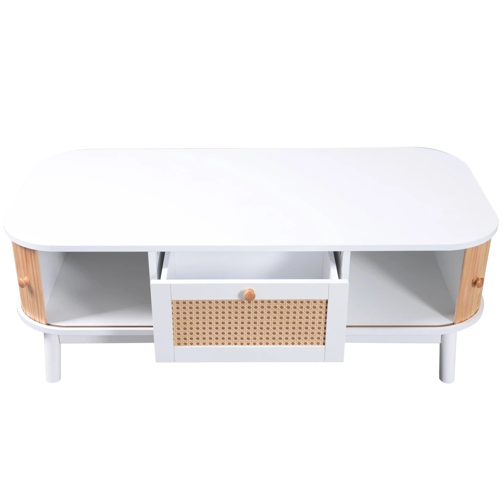 Table Basse Élégante, Bois & Blanc avec Tiroir et Rangements, Design Naturel Moderne – BOREA