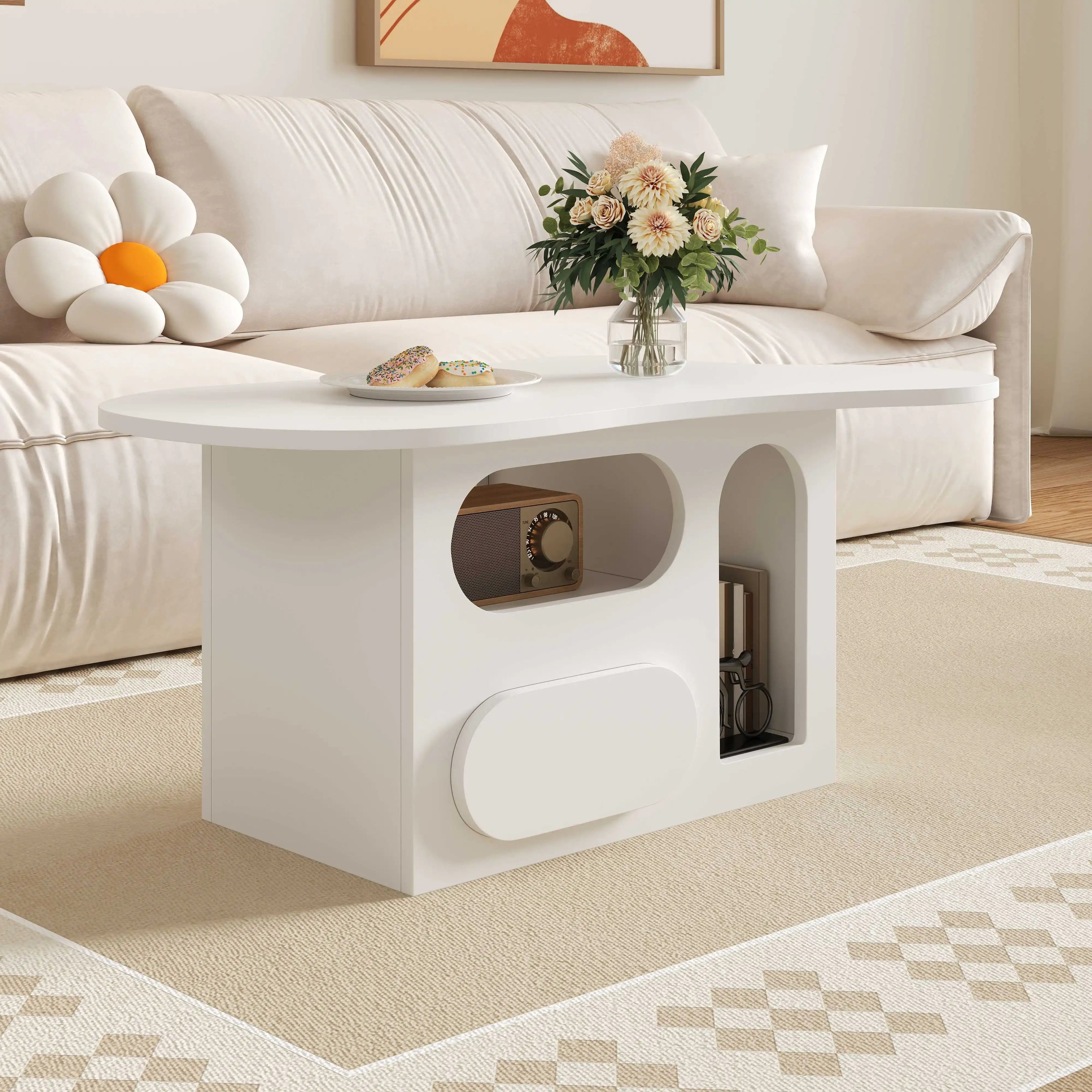 Table Basse Design Blanche avec Étagères Arrondies et Plateau Sculpté – LUNOVA