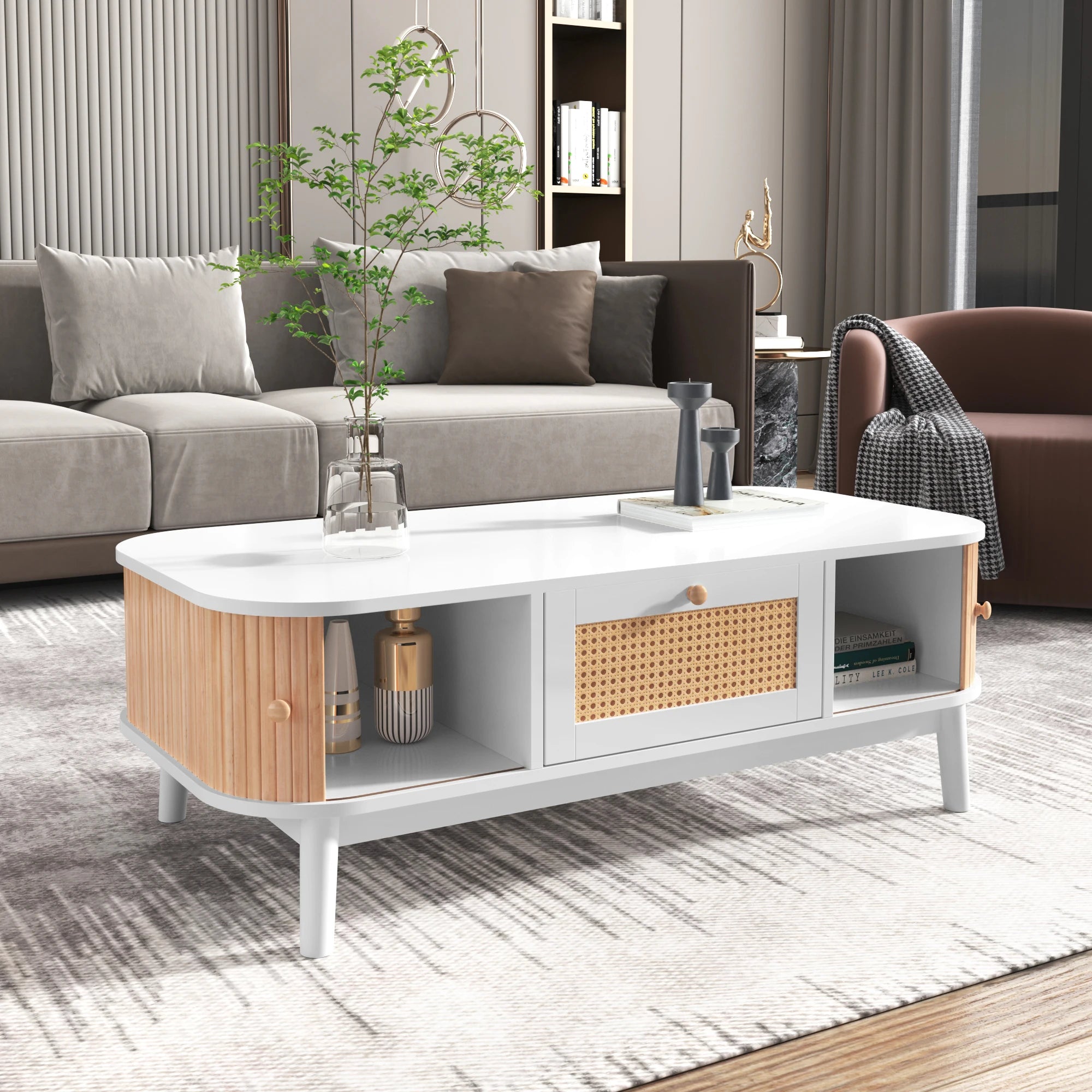 Table Basse Élégante, Bois & Blanc avec Tiroir et Rangements, Design Naturel Moderne – BOREA
