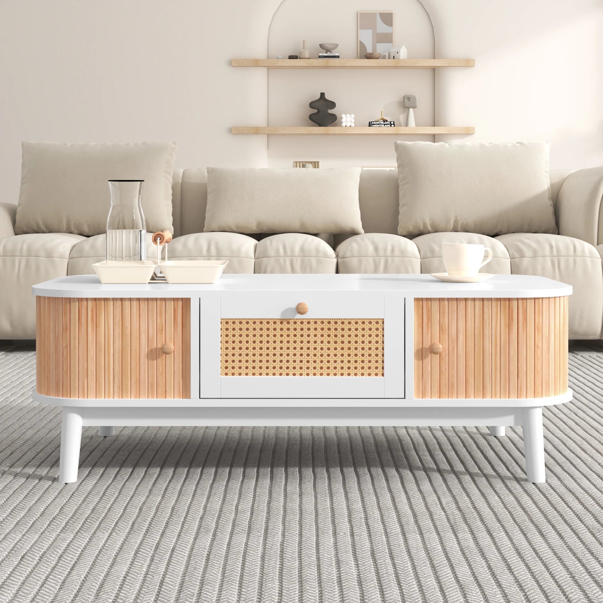 Table Basse Élégante, Bois & Blanc avec Tiroir et Rangements, Design Naturel Moderne – BOREA