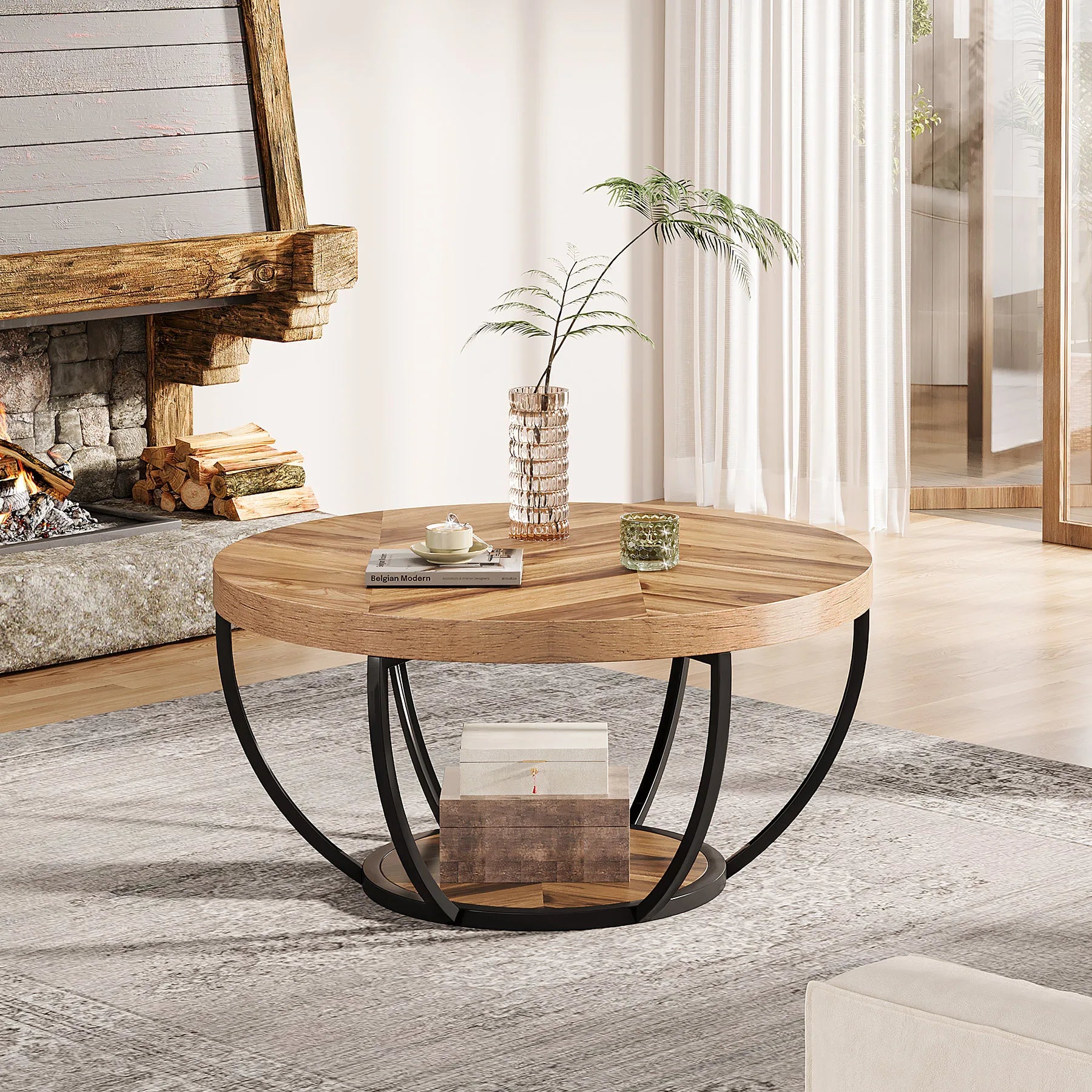 Table Basse Ronde en Bois & Métal Tribesigns, Double Plateau de Rangement, Design Antique & Moderne - NATIVA