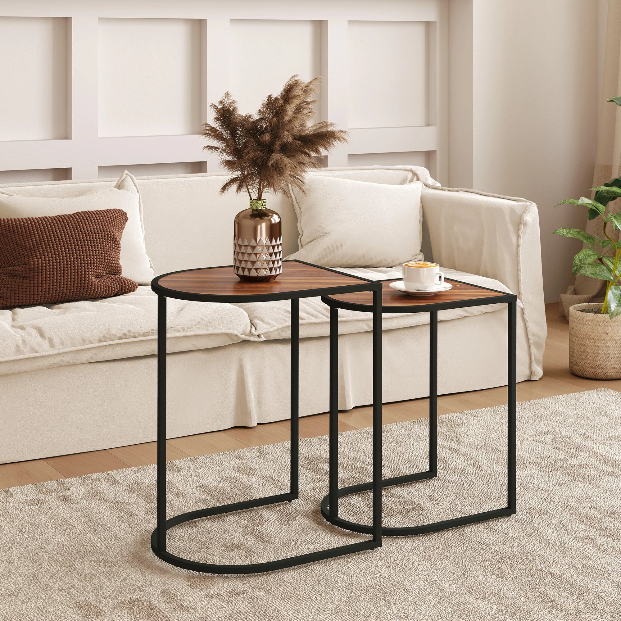 Duo Tables Gigognes Demi-Lune, Style Industriel Bois Rustique et Acier Noir, Set Empilable - LUNARIS
