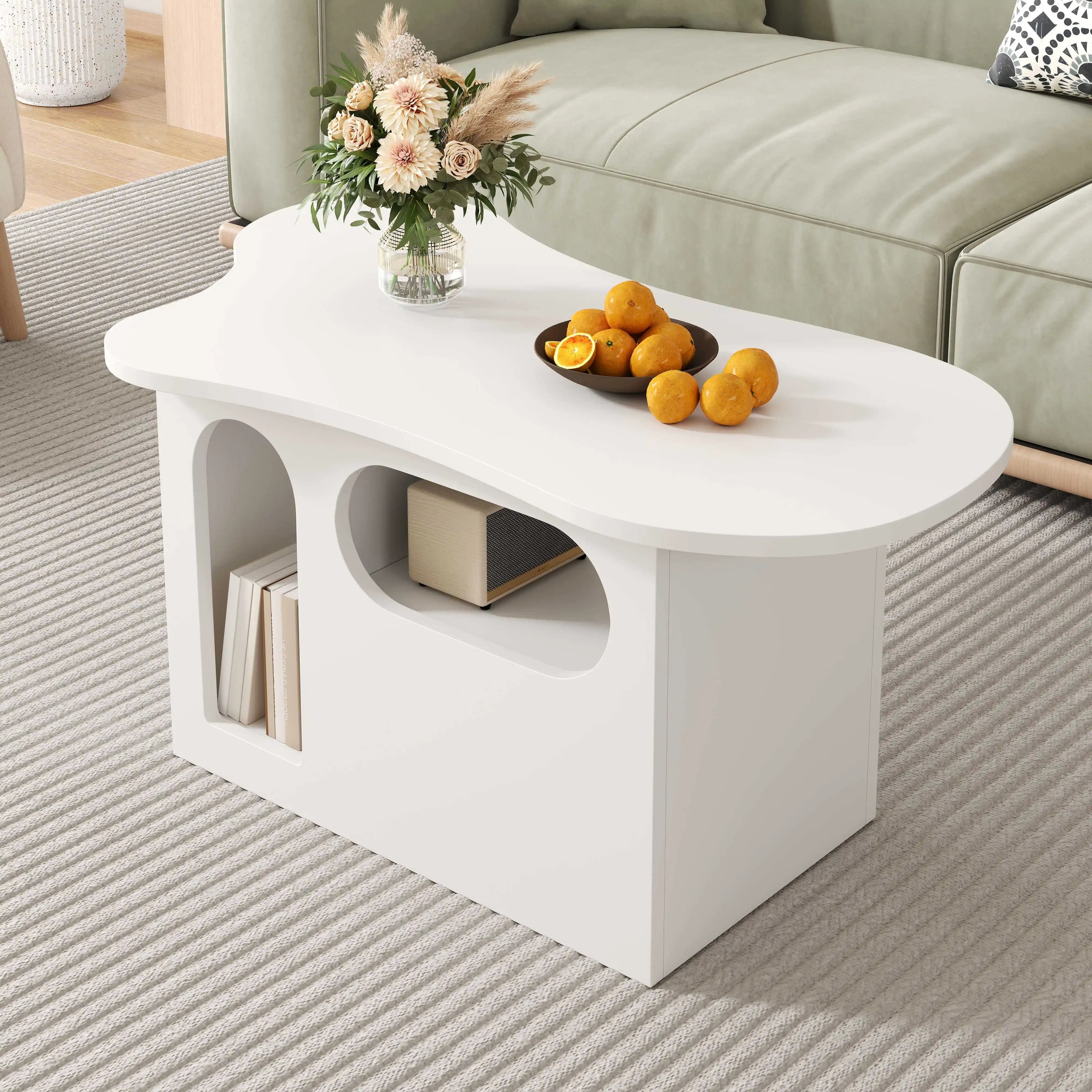 Table Basse Design Blanche avec Étagères Arrondies et Plateau Sculpté – LUNOVA