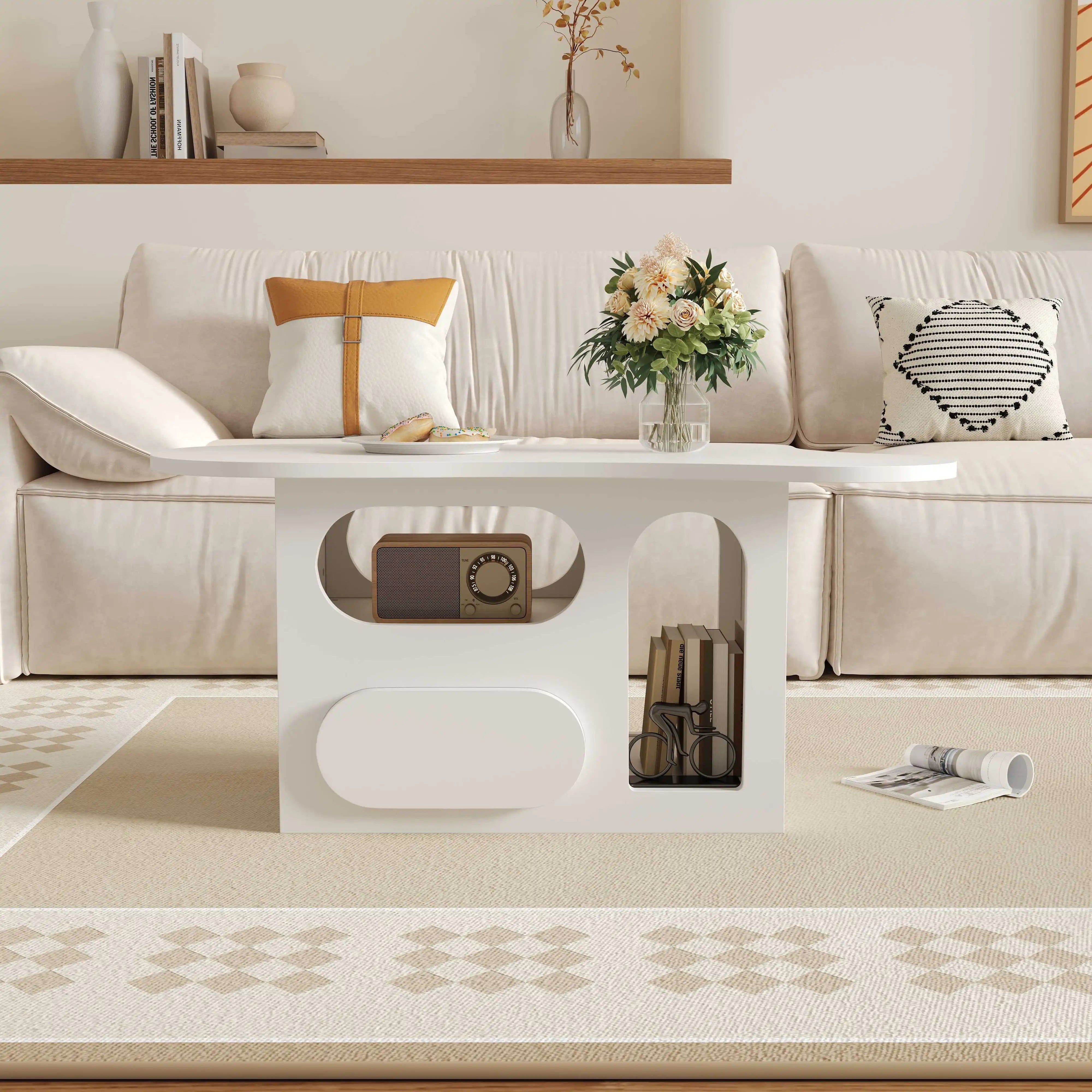 Table Basse Design Blanche avec Étagères Arrondies et Plateau Sculpté – LUNOVA