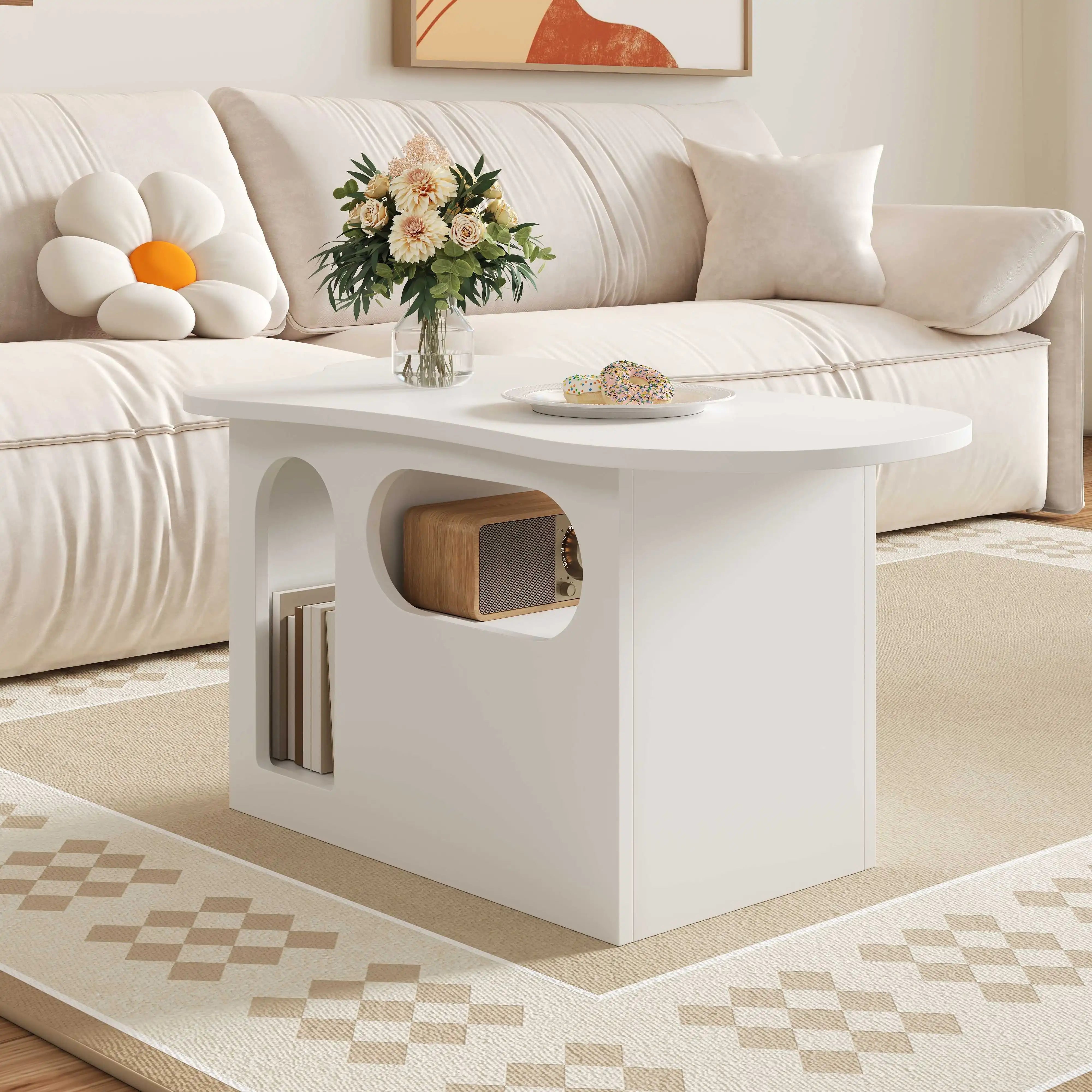 Table Basse Design Blanche avec Étagères Arrondies et Plateau Sculpté – LUNOVA
