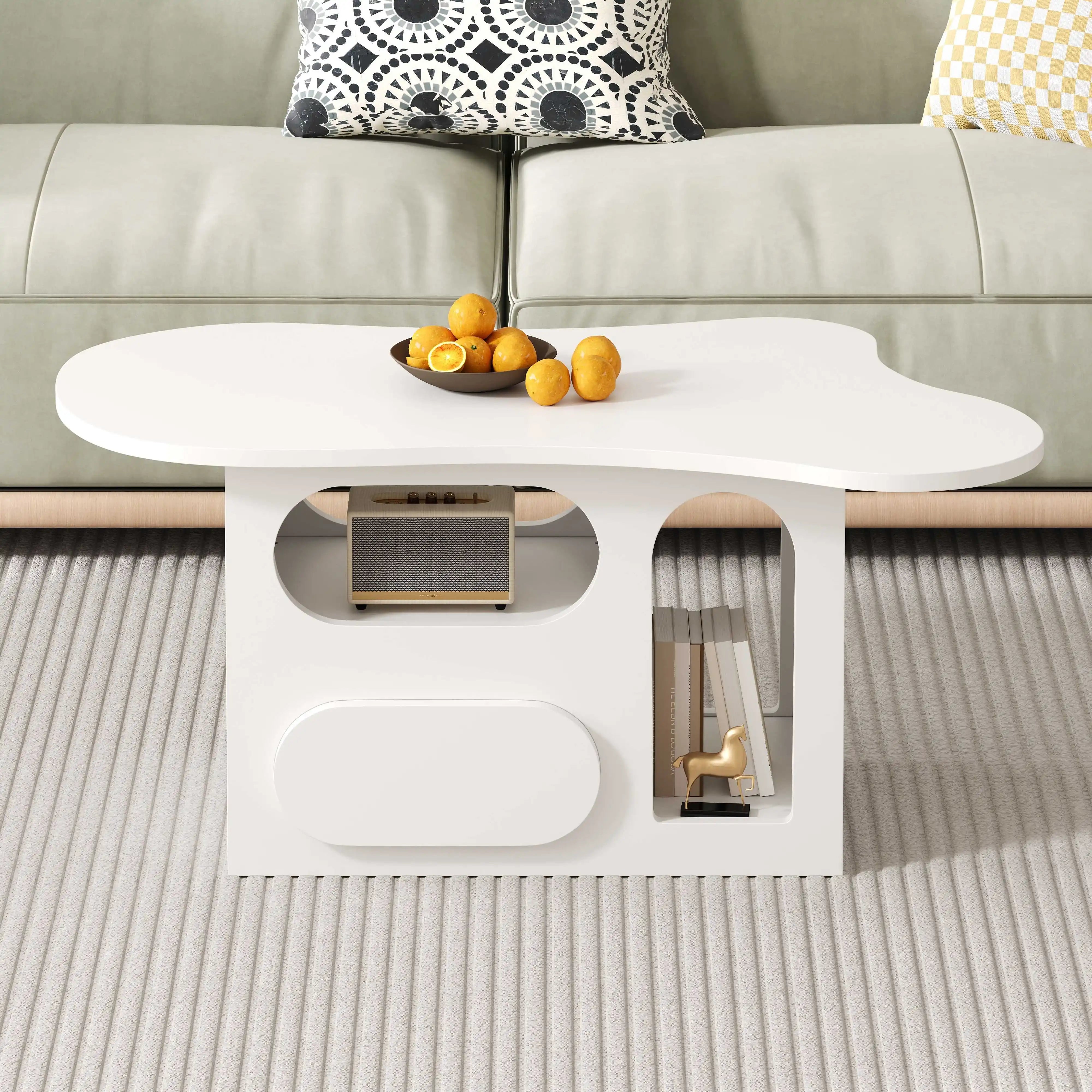 Table Basse Design Blanche avec Étagères Arrondies et Plateau Sculpté – LUNOVA
