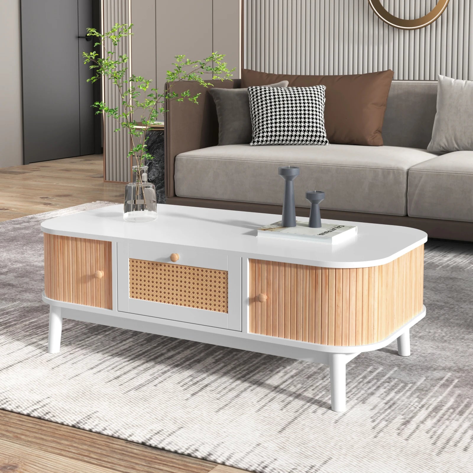 Table Basse Élégante, Bois & Blanc avec Tiroir et Rangements, Design Naturel Moderne – BOREA