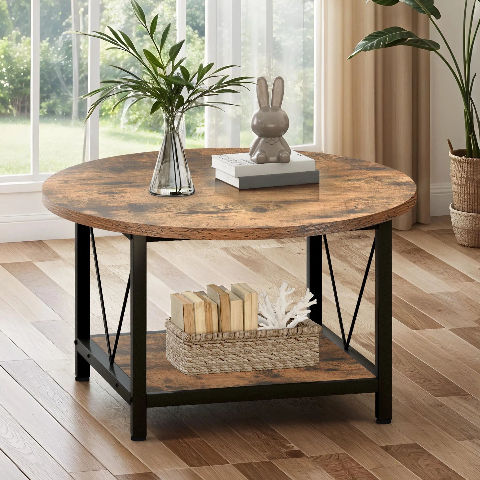 Table Basse Ronde, Bois Rustique & Métal Noir, 2 Niveaux avec Rangement, Style Industriel - TERRA NOVA