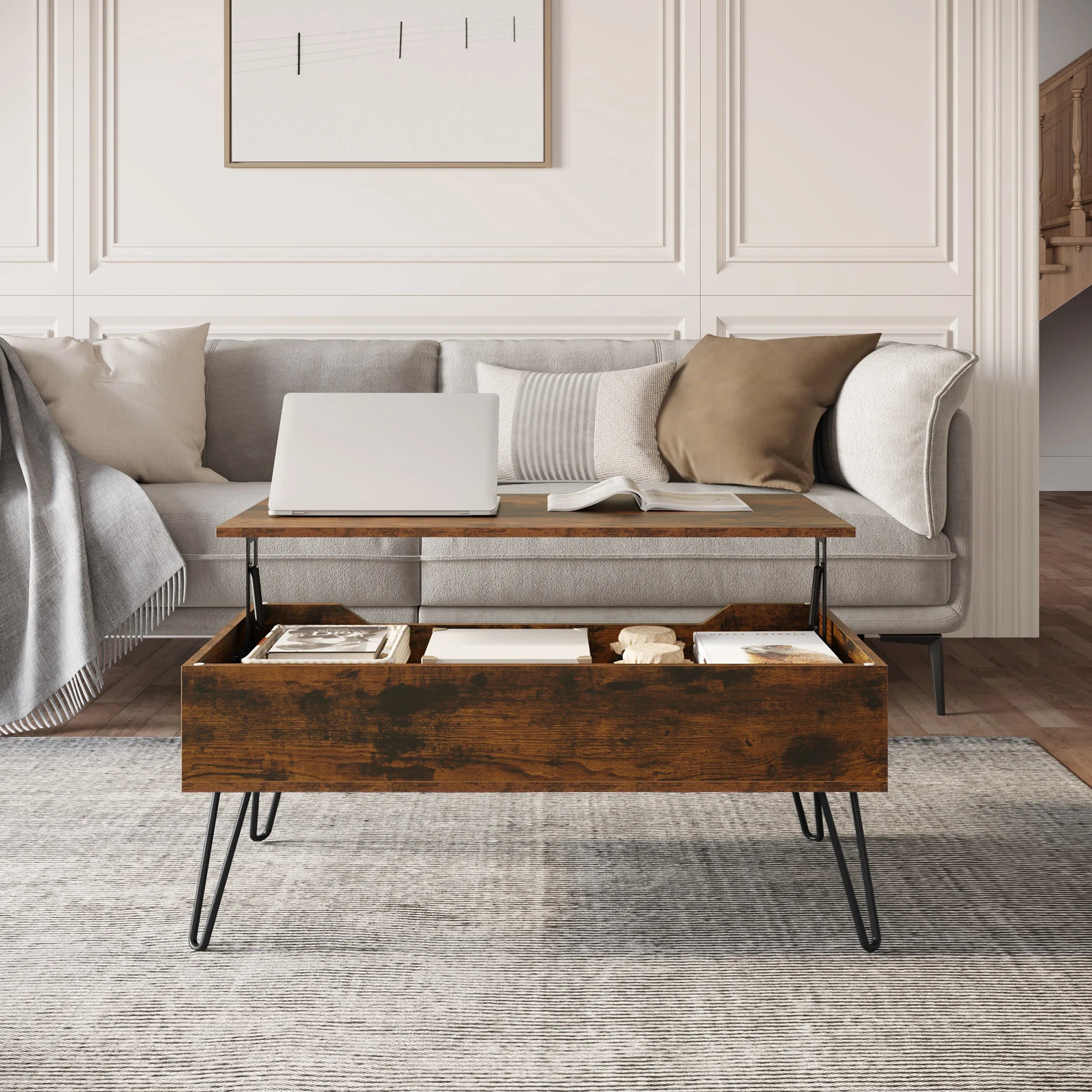 Table Basse Relevable avec Rangement Caché, Bois Vintage & Pieds Métal, Hauteur Ajustable - ARCANA