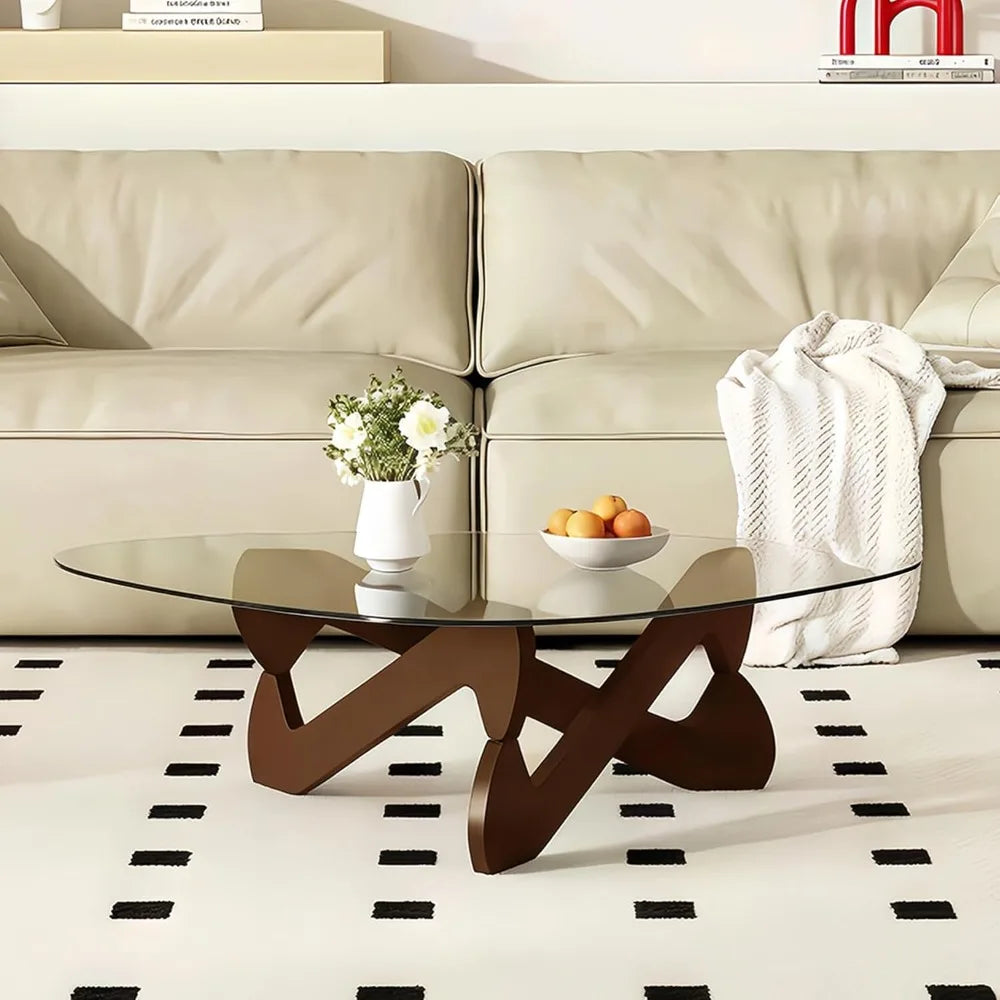 Table Basse Triangulaire en Verre Trempé et Bois Massif, Design Mid-Century - ARTÉVA