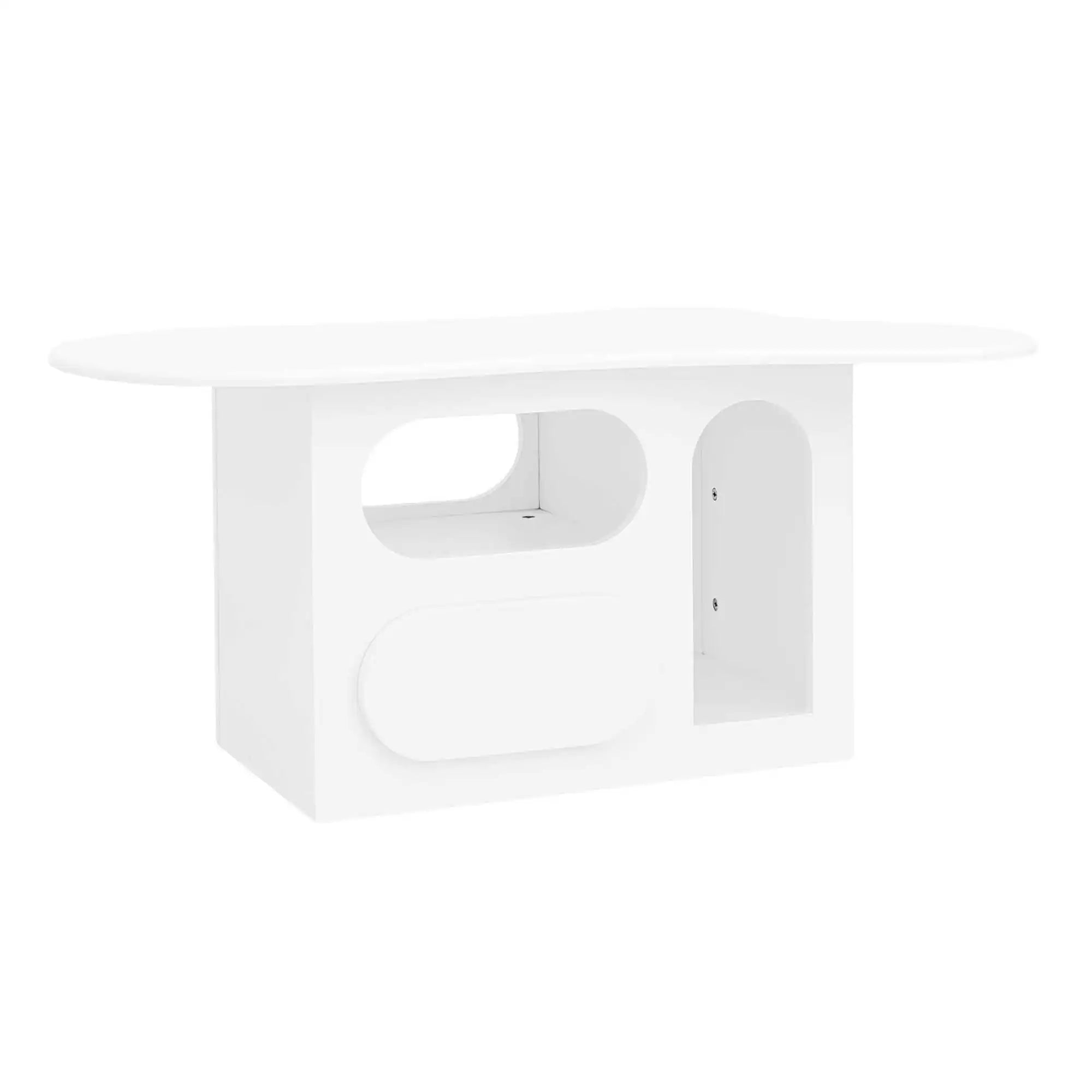 Table Basse Design Blanche avec Étagères Arrondies et Plateau Sculpté – LUNOVA