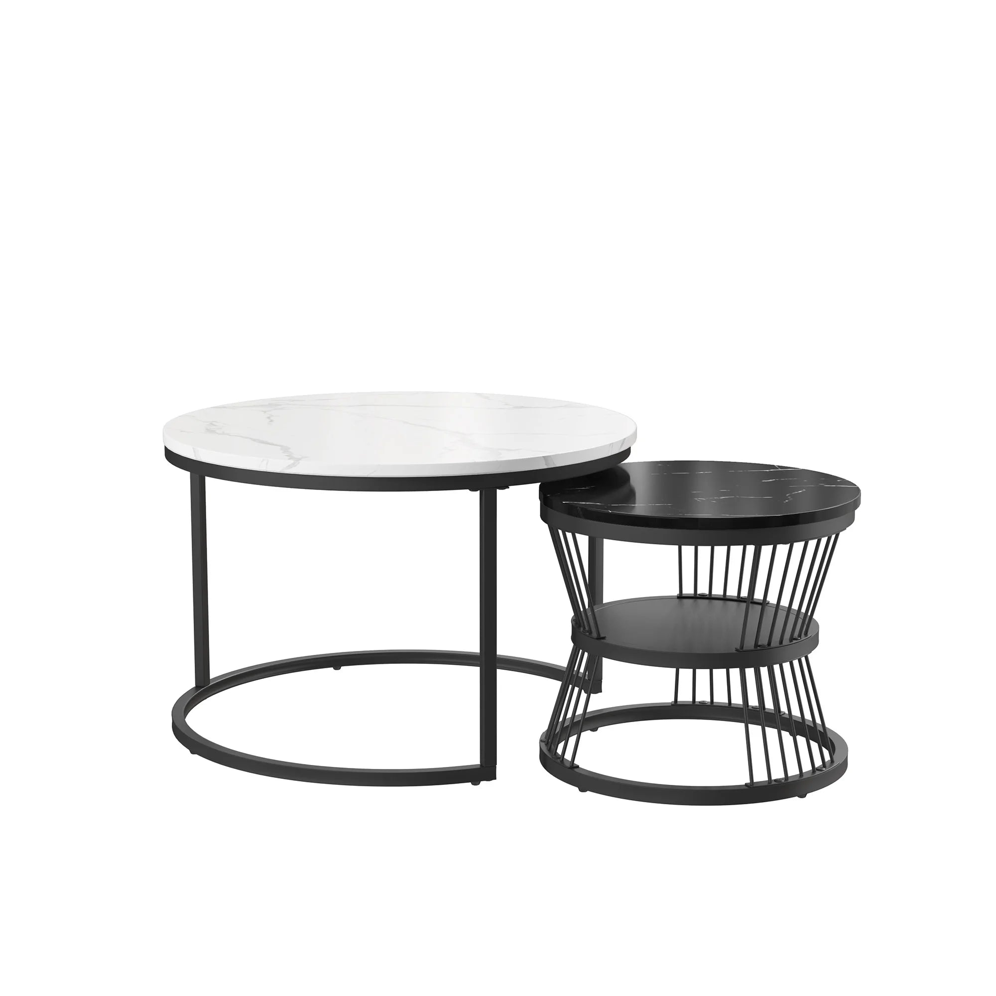 Set de 2 Tables Basses Rondes en Marbre, Design Moderne Noir & Blanc – LUXOR DUO