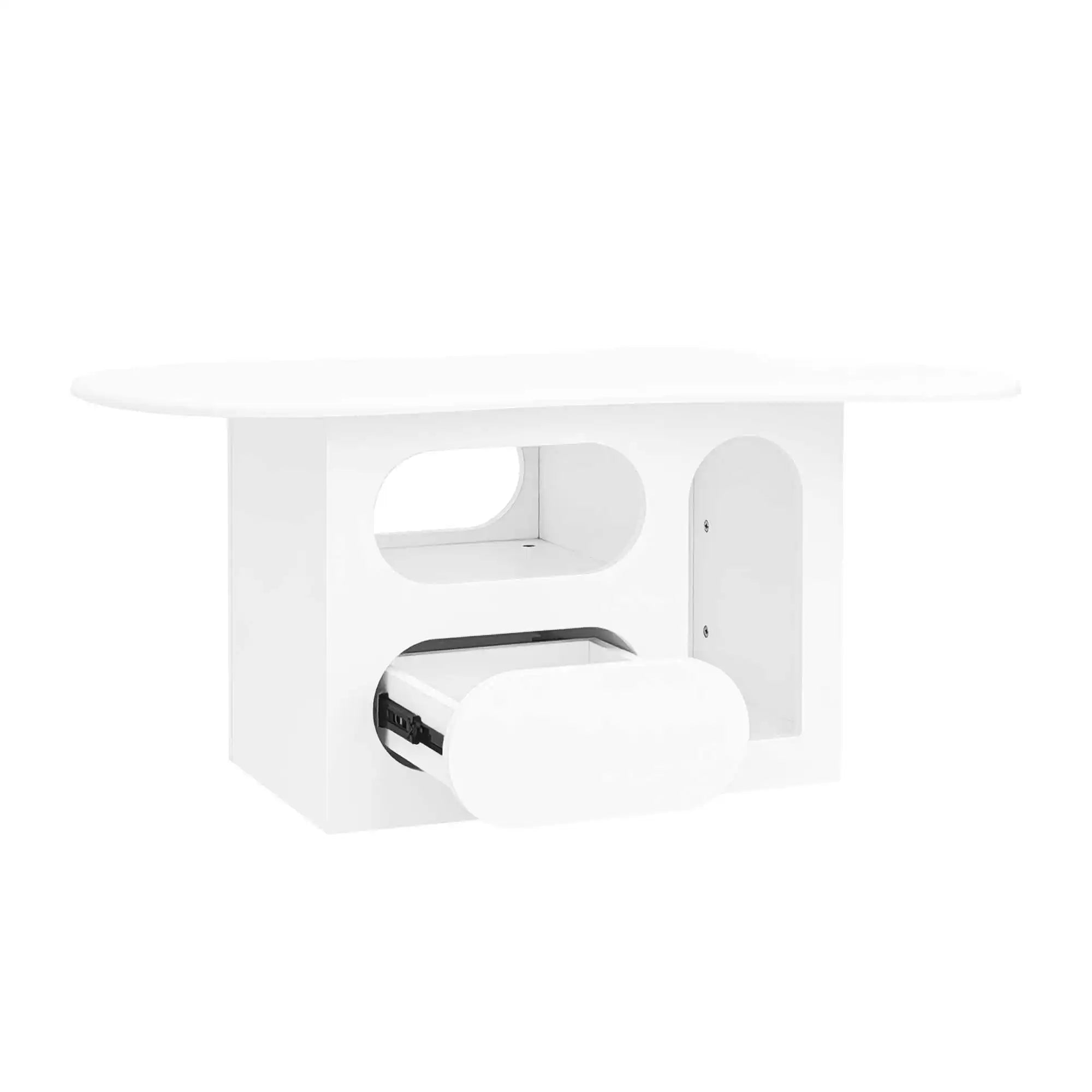 Table Basse Design Blanche avec Étagères Arrondies et Plateau Sculpté – LUNOVA