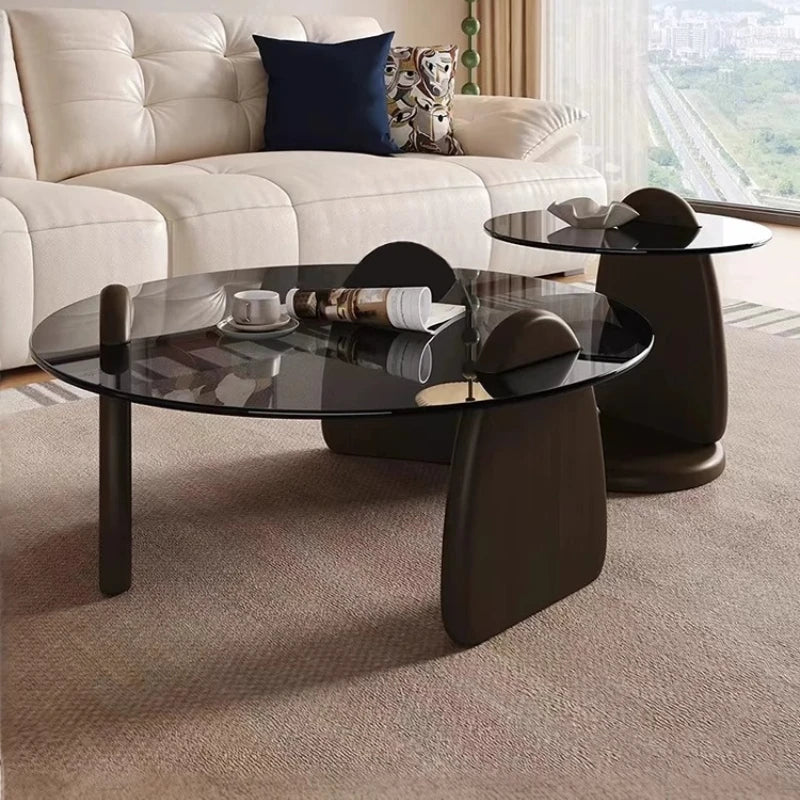 Table Basse Ronde en Verre Trempé, Design Moderne Minimaliste, Plateau Transparent & Pieds Noir Mat - LUNA