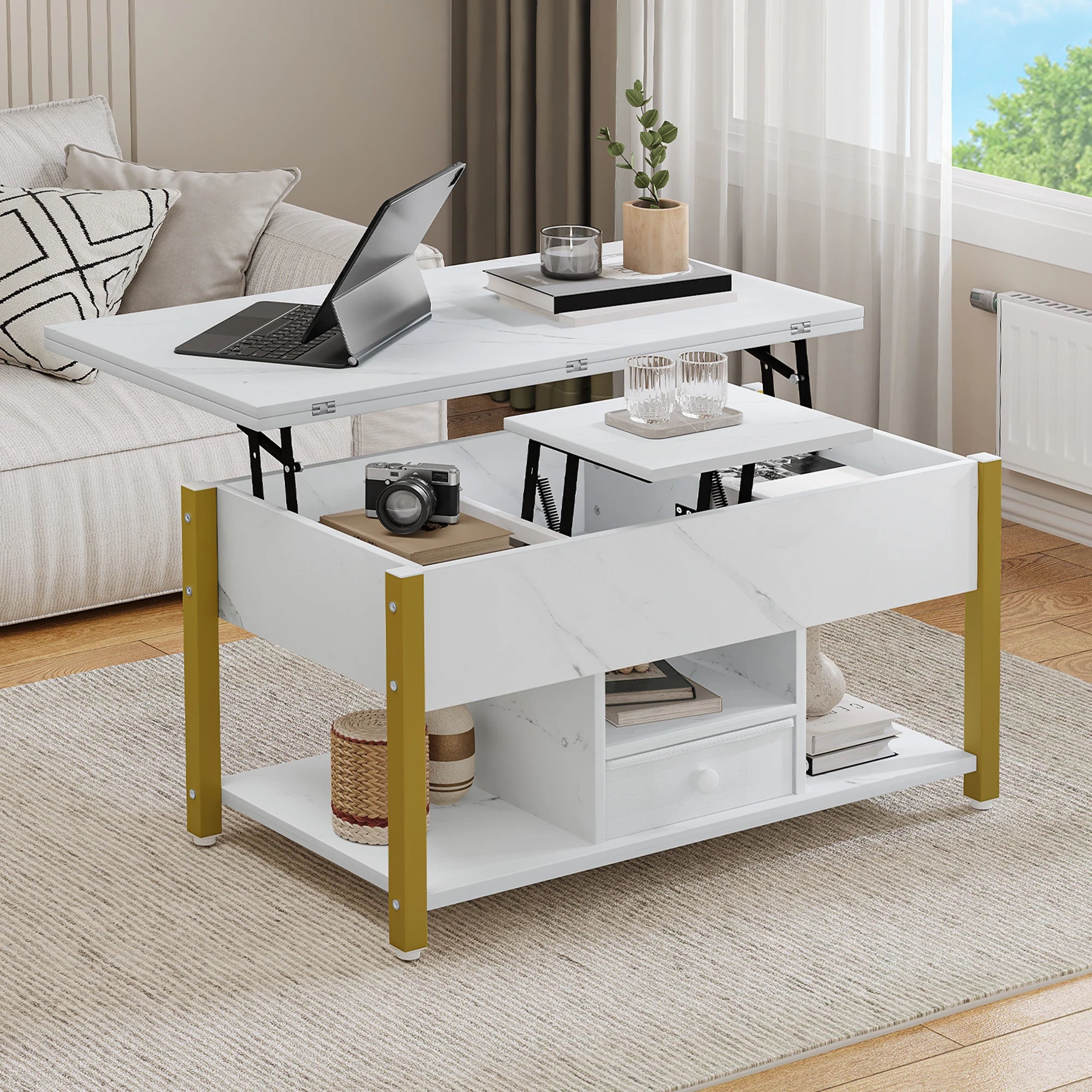 Table Basse Relevable 4-en-1, Marbre Blanc Élégant, Rangement Caché & Plateau Multifonction - QUADRA