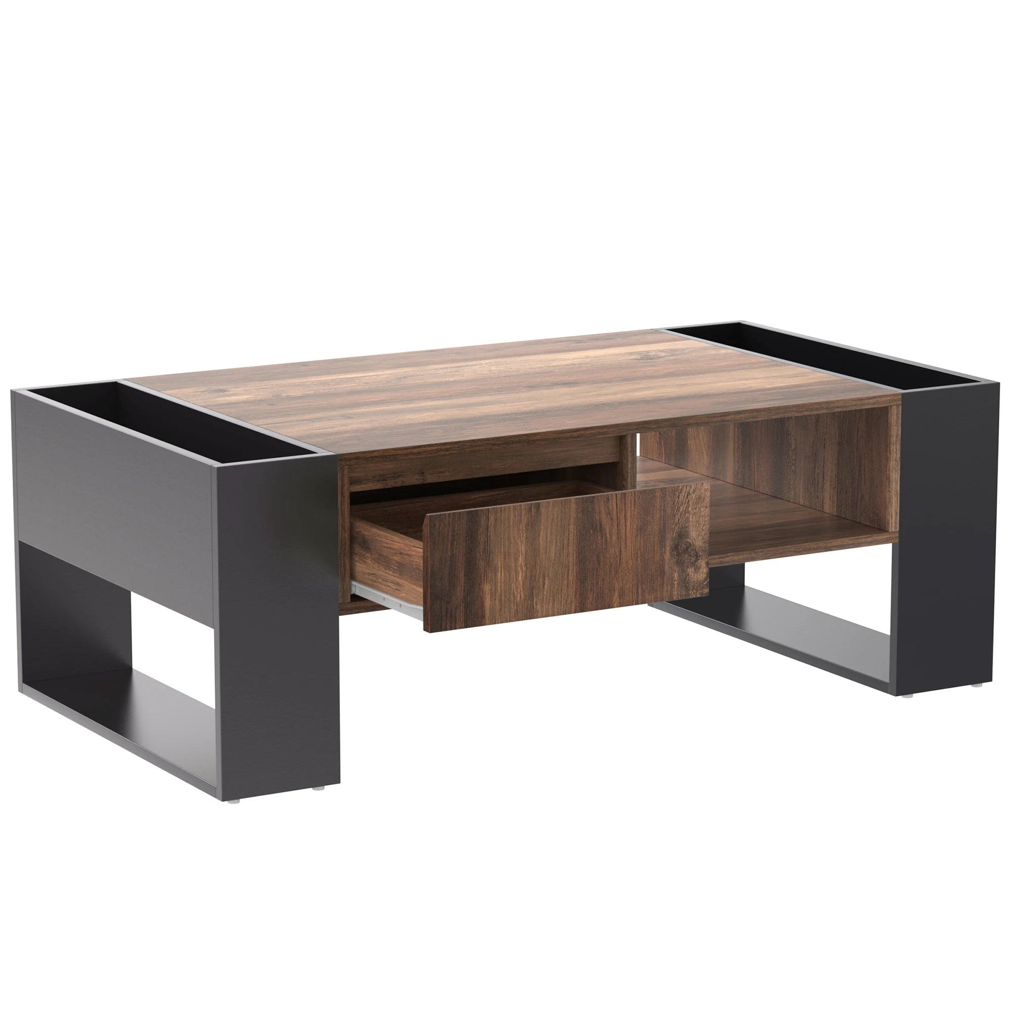 Table Basse Rectangulaire Bois & Noir avec Rangements Multiples, Design Moderne Industriel –  URBANA