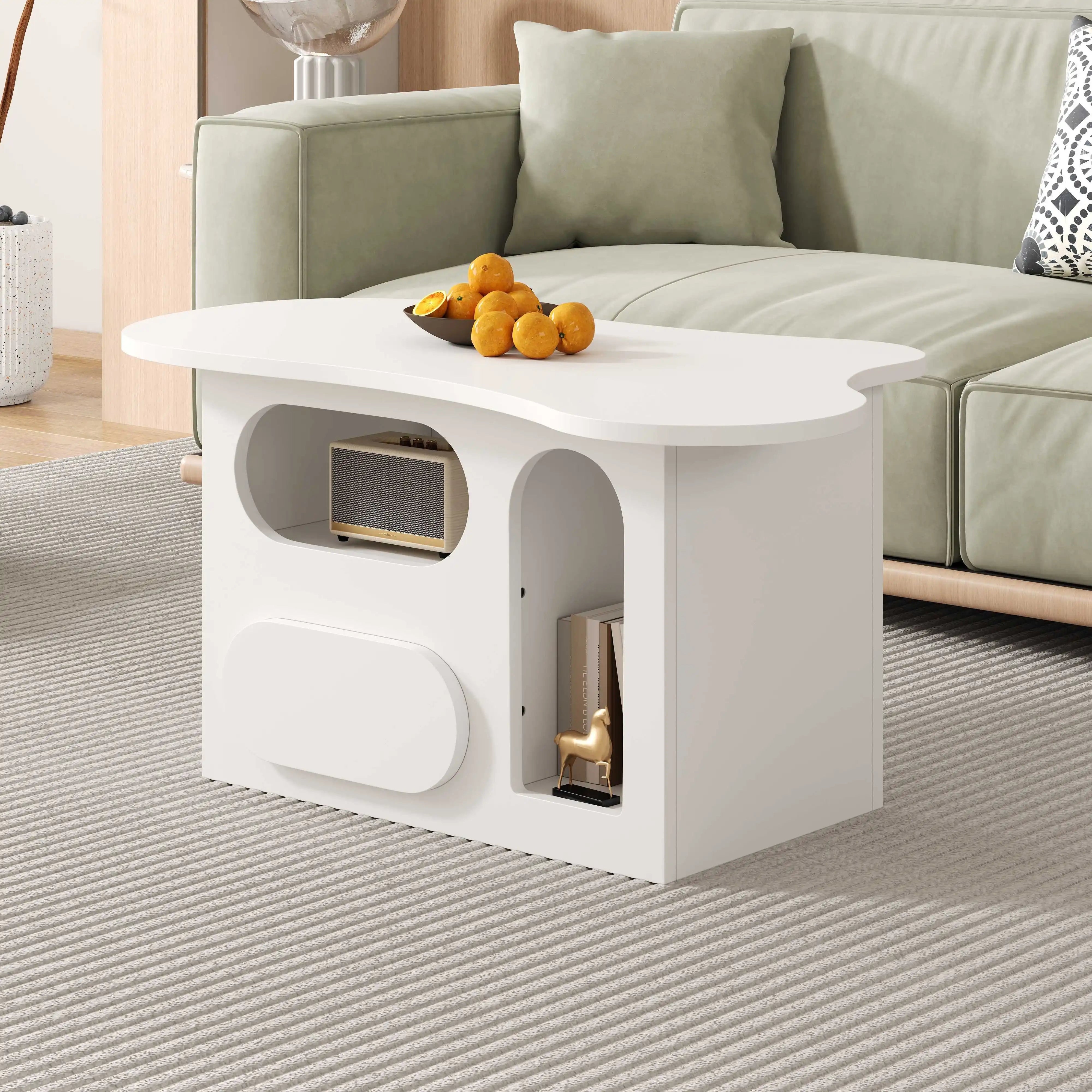 Table Basse Design Blanche avec Étagères Arrondies et Plateau Sculpté – LUNOVA