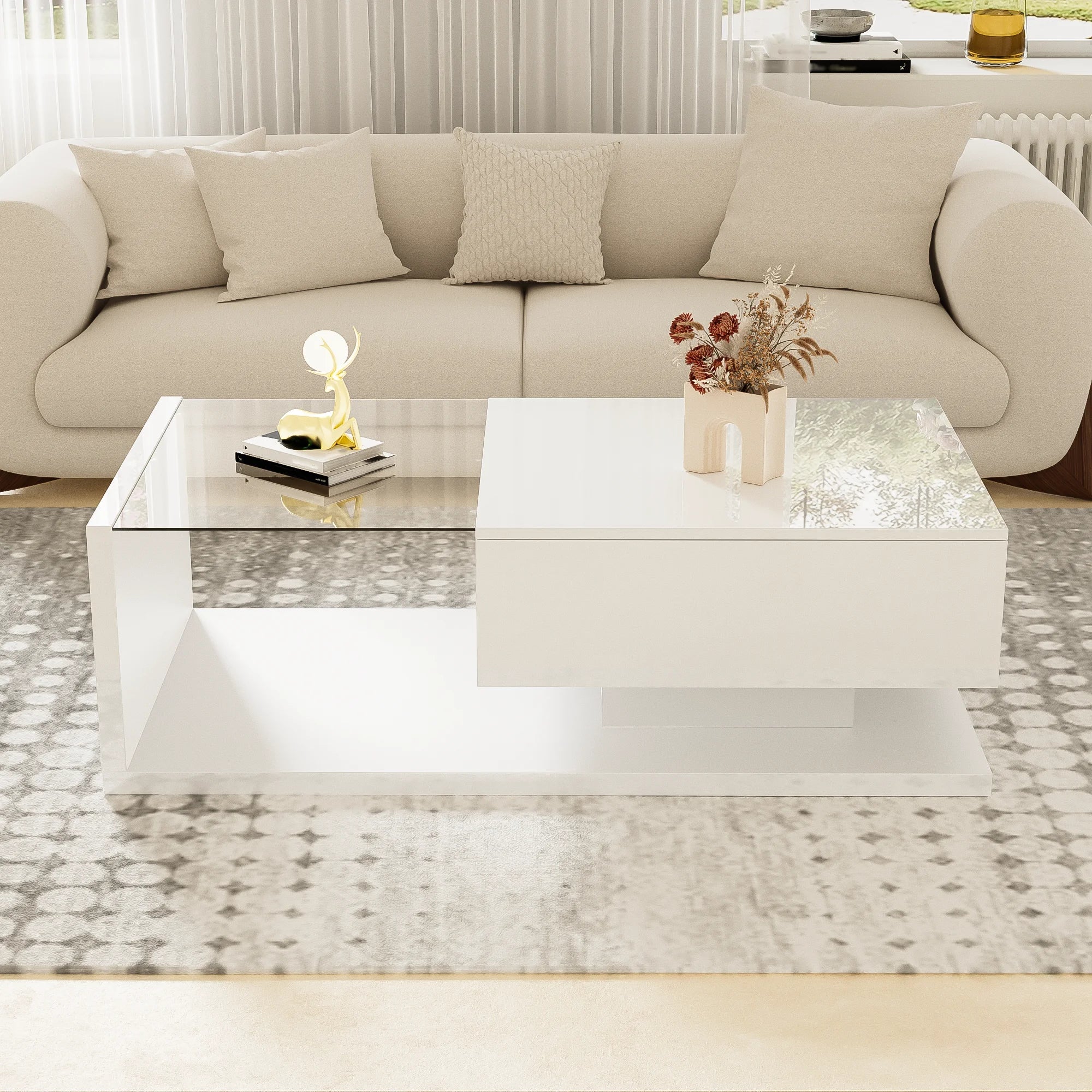 Table Basse Moderne, Design Blanc Brillant avec Rangement et Éclairage LED Multicolore - LUMINA