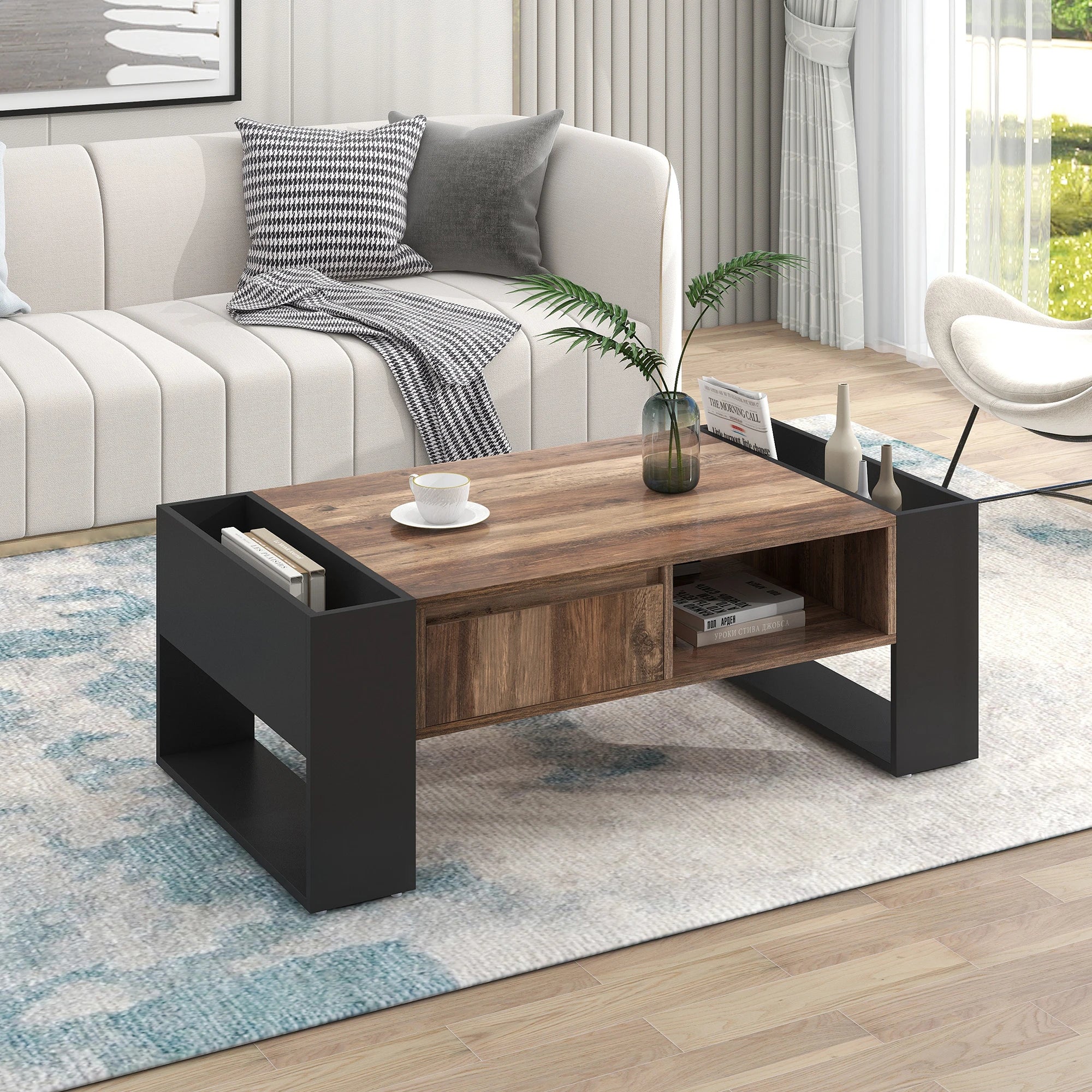 Table Basse Rectangulaire Bois & Noir avec Rangements Multiples, Design Moderne Industriel –  URBANA