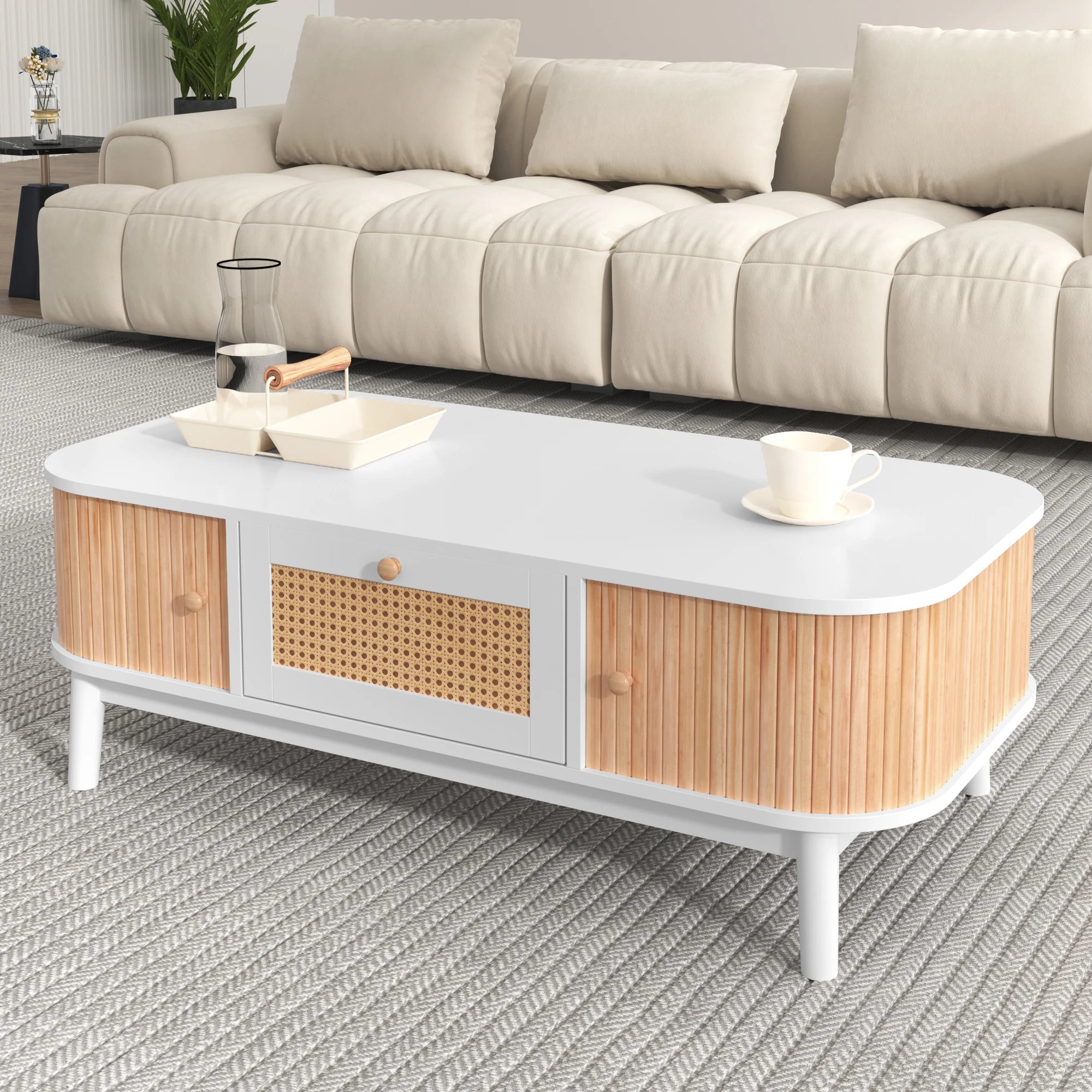 Table Basse Élégante, Bois & Blanc avec Tiroir et Rangements, Design Naturel Moderne – BOREA
