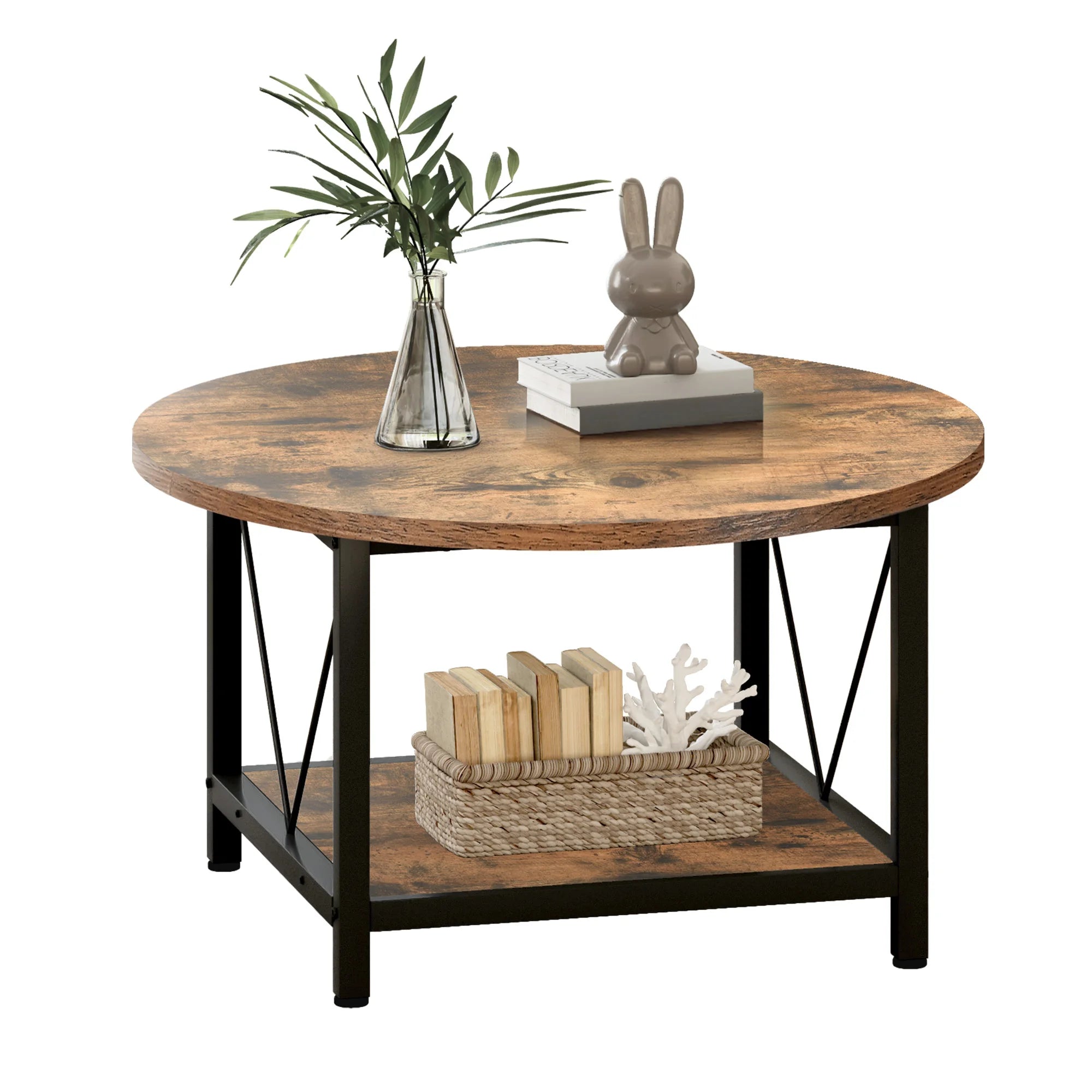 Table Basse Ronde, Bois Rustique & Métal Noir, 2 Niveaux avec Rangement, Style Industriel - TERRA NOVA