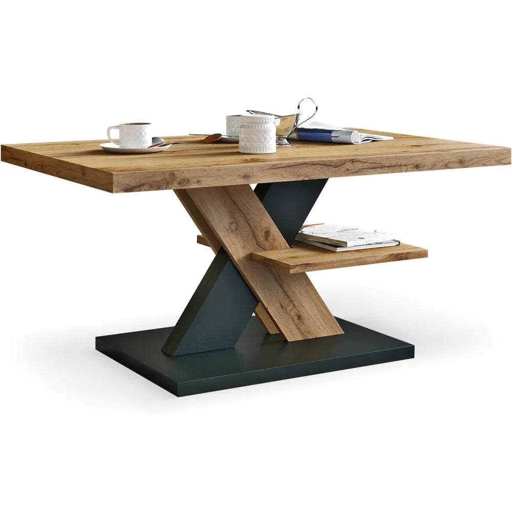 Table Basse Design en Bois avec Rangement Intégré et Piétement Croisé – VIRELLO